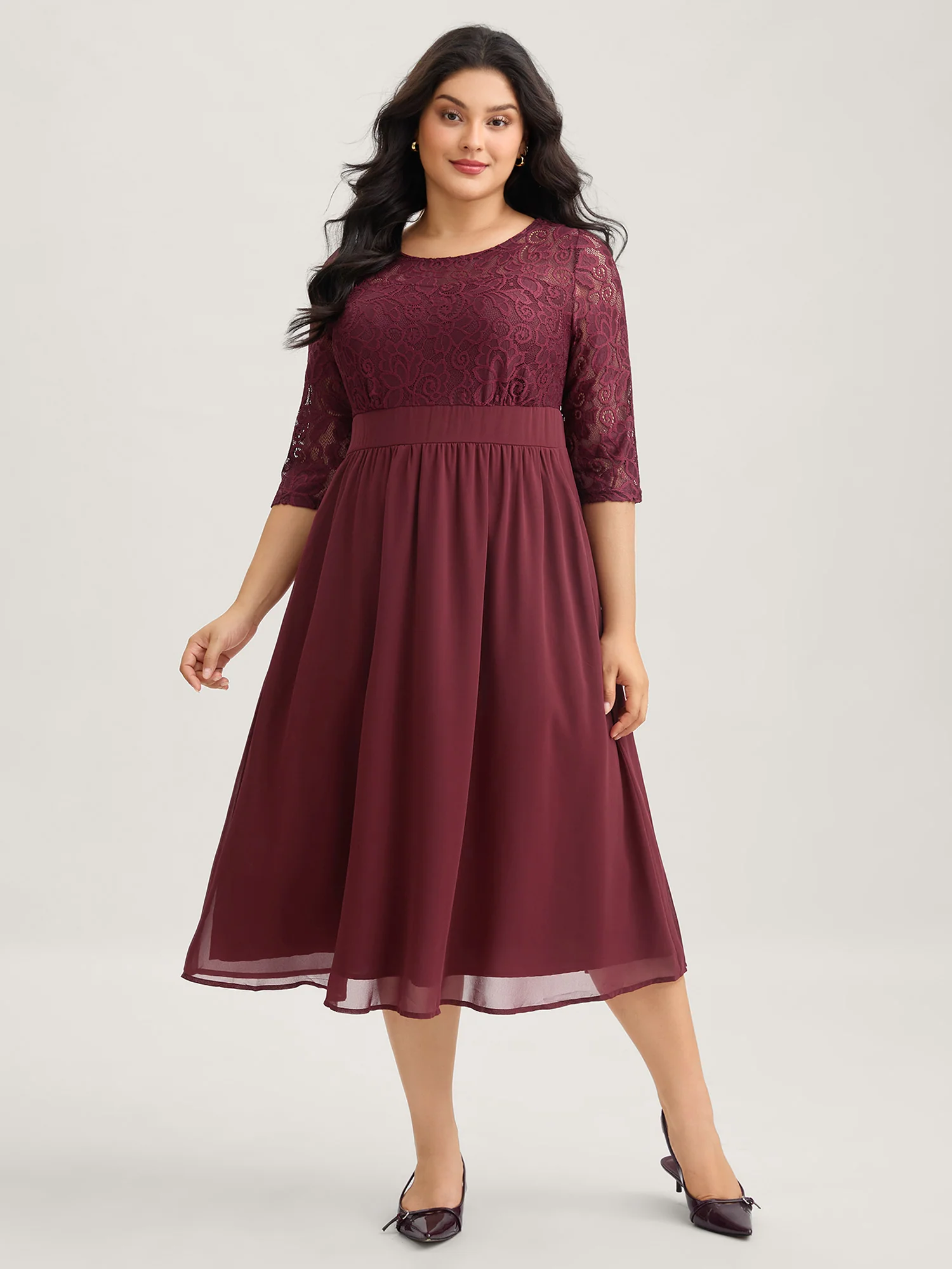 Lace Patchwork Shirred Midi Pocket Dress - Image 3
