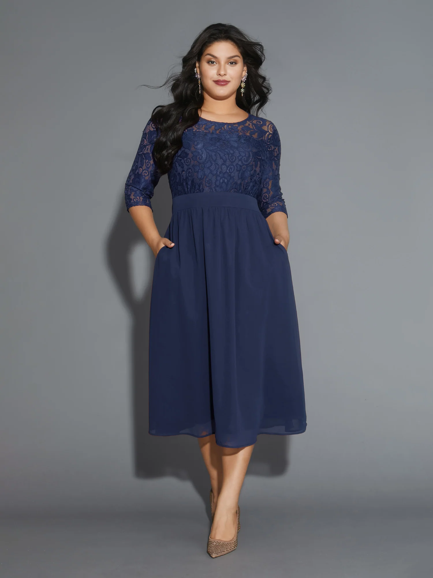 Lace Patchwork Shirred Midi Pocket Dress - Image 8