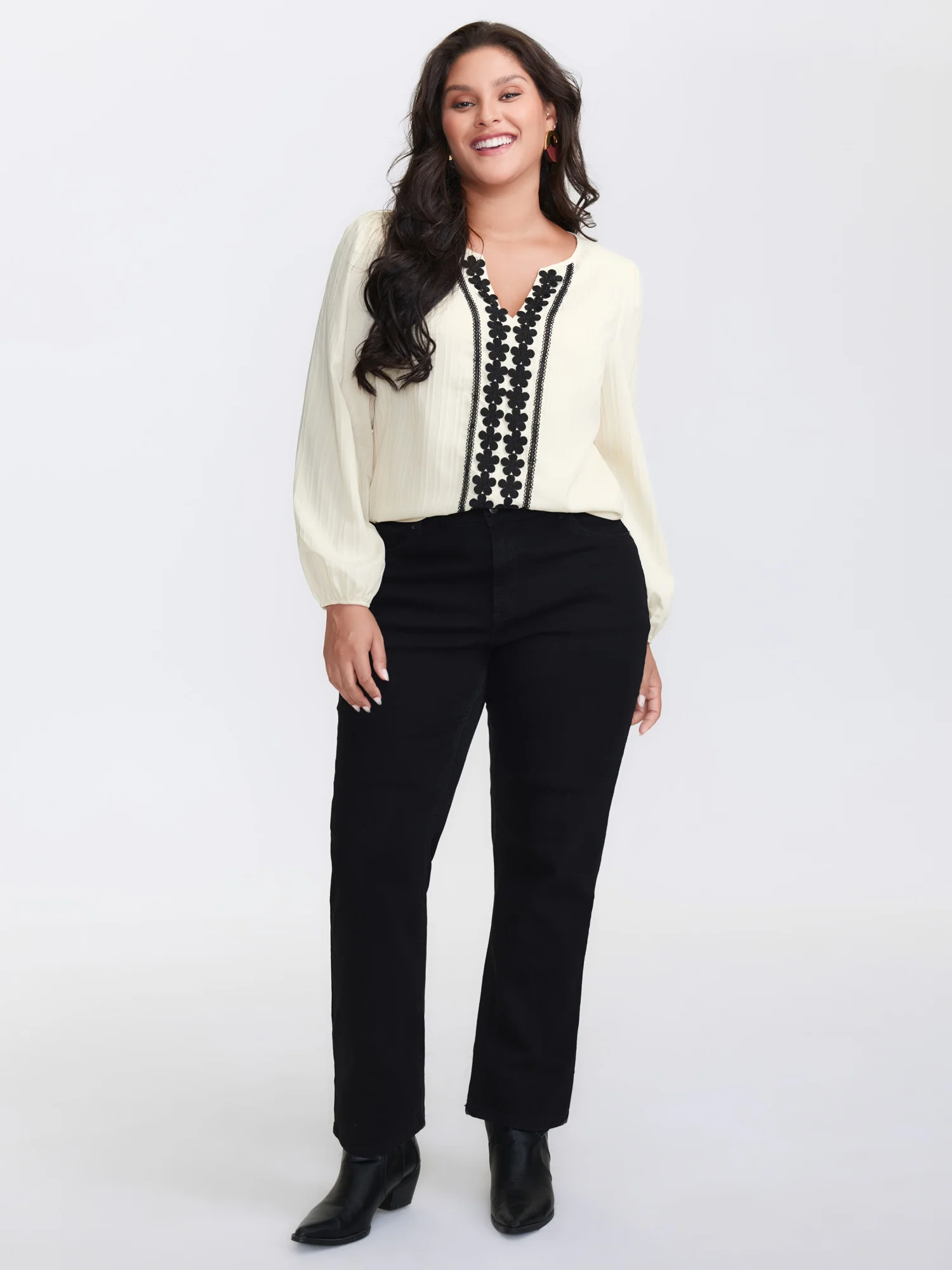 Lace Spliced Textured Lantern Sleeve Blouse - Image 3