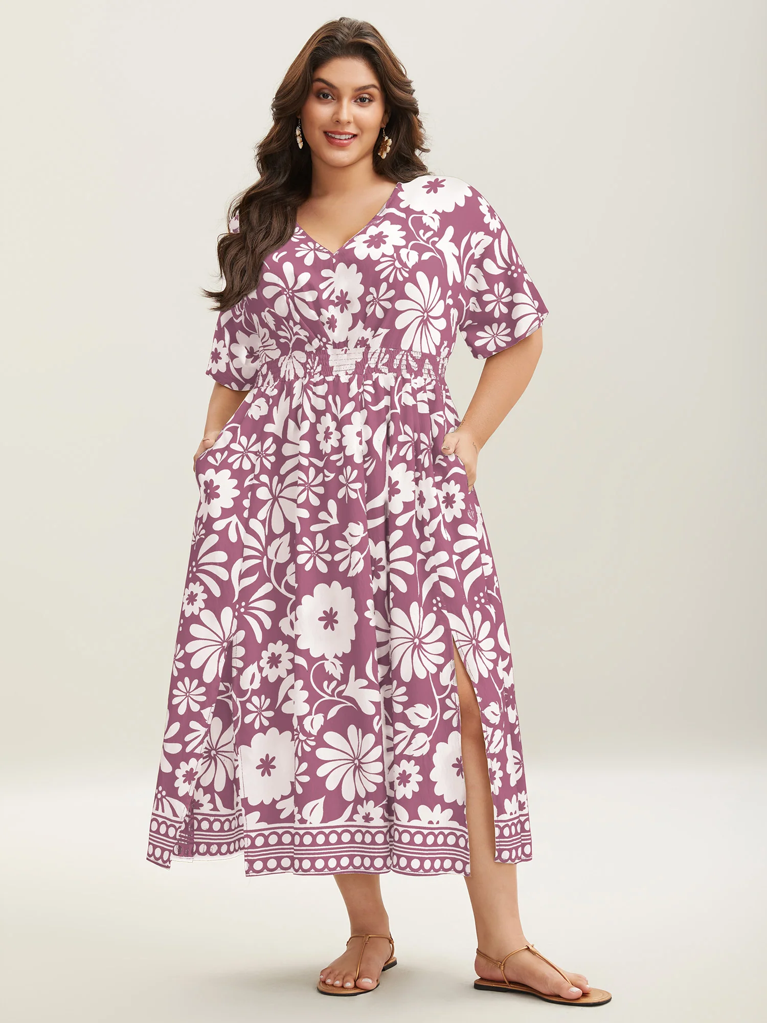 Large Floral Print Pockets Midi Dress - Image 11