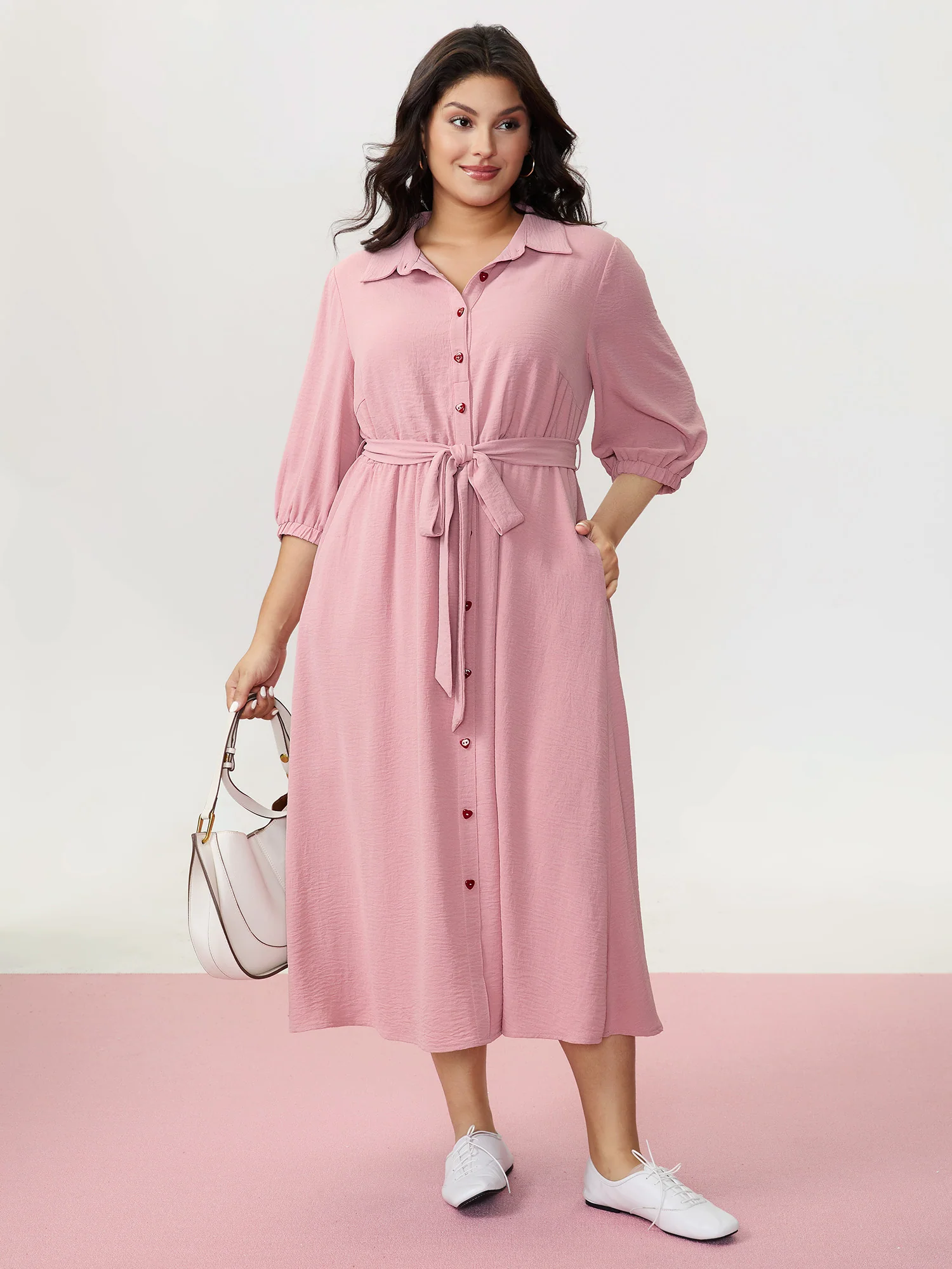 Layered Pleated Waist-Tie Shirt Dress
