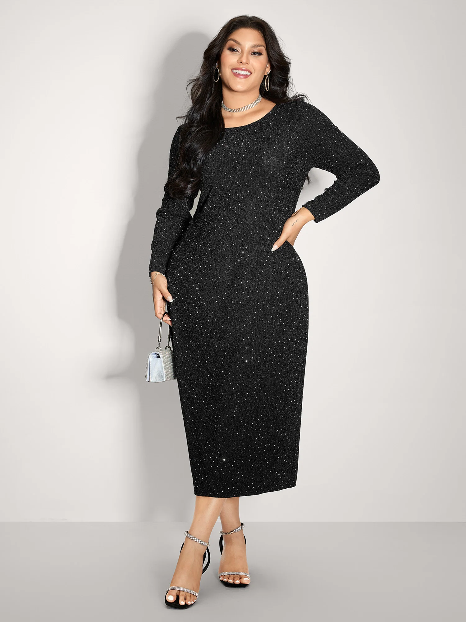 Metallic Detail Shimmery Back Bow Midi Dress - Image 2