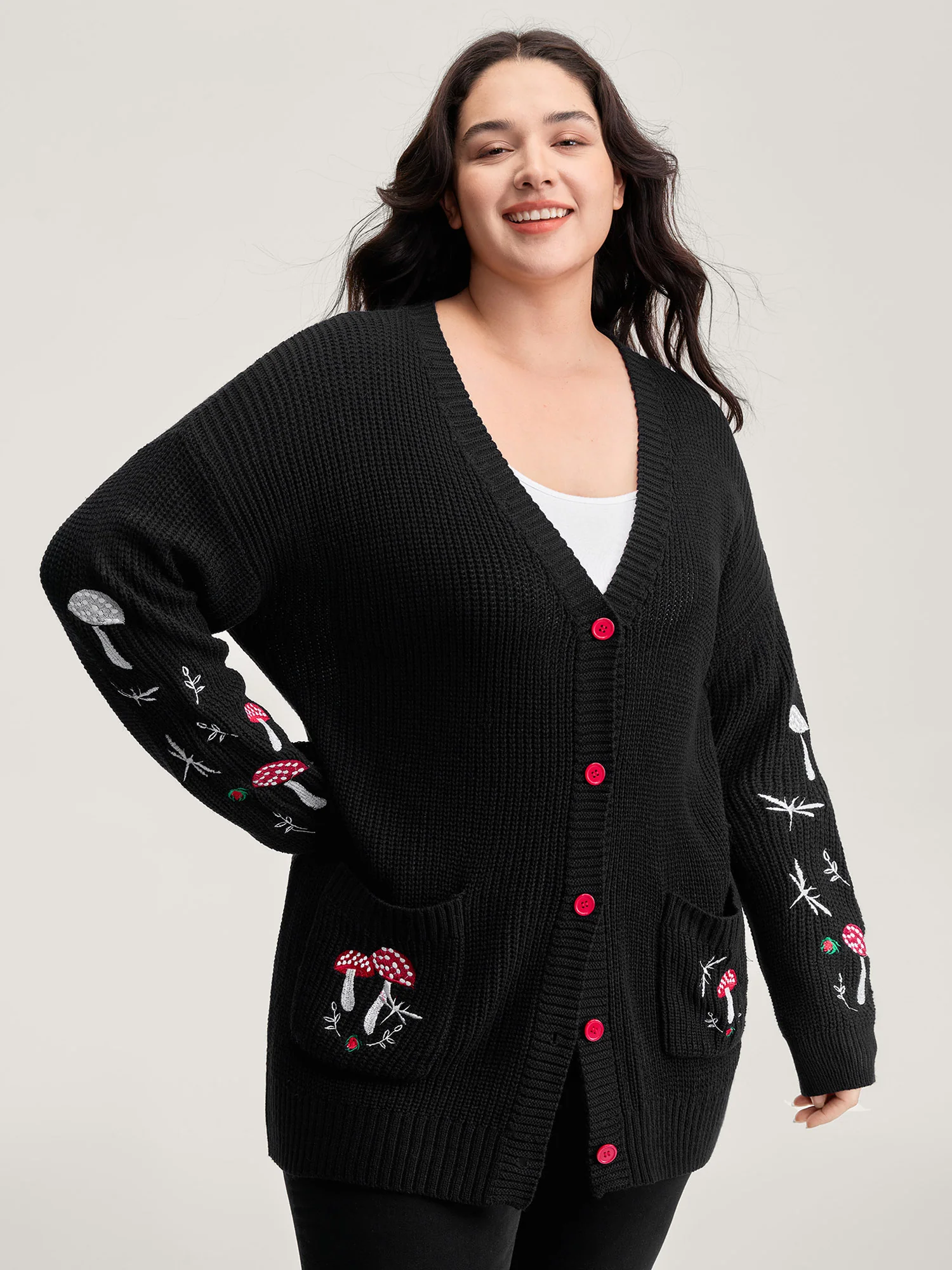 Mushroom Embroidery Textured Button Cardigan - Image 2