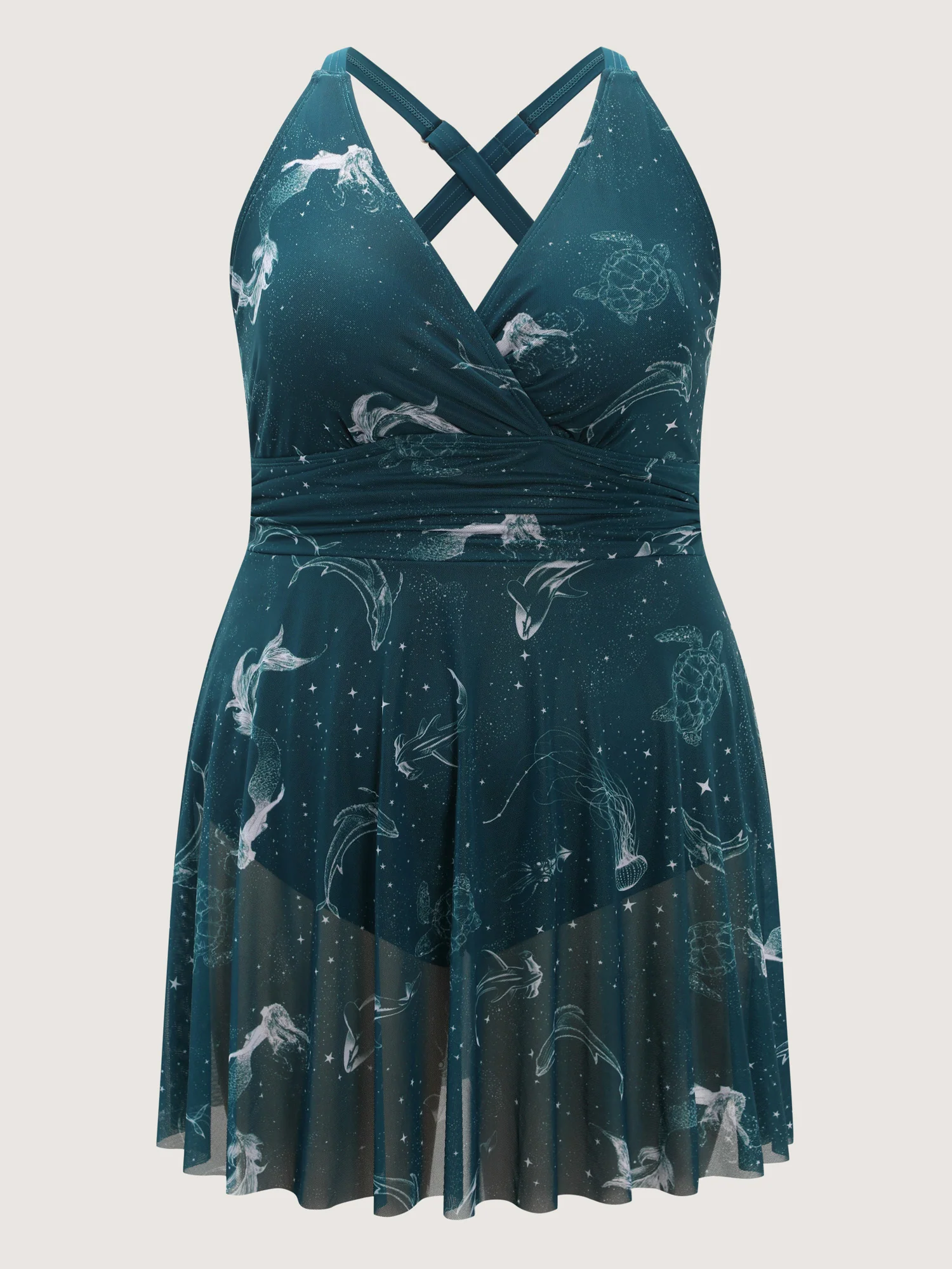 Ocean Pattern Mesh Surplice Swim Dress - Image 6