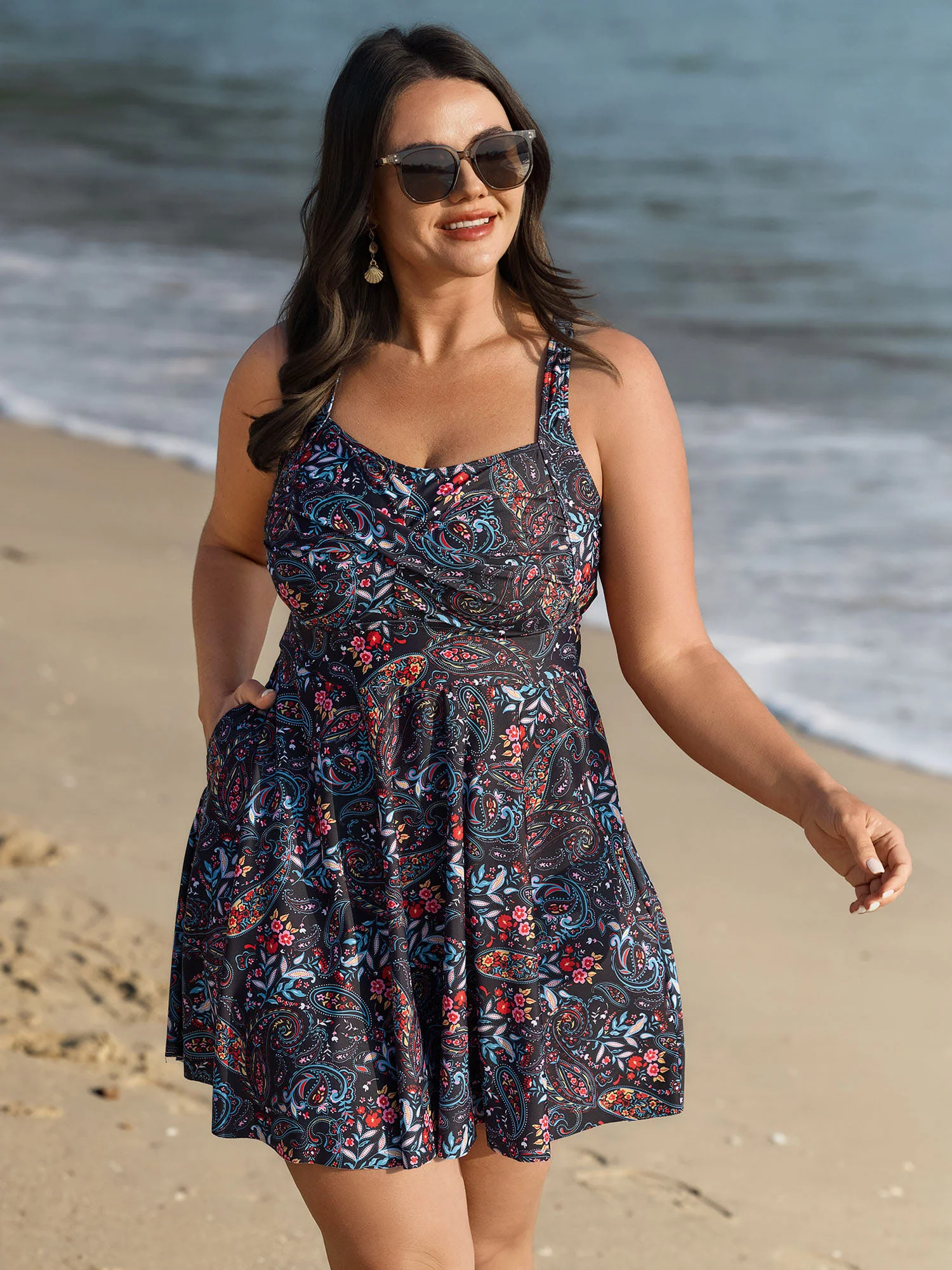 Paisley Print Crossstraps Pockets Swim Dress