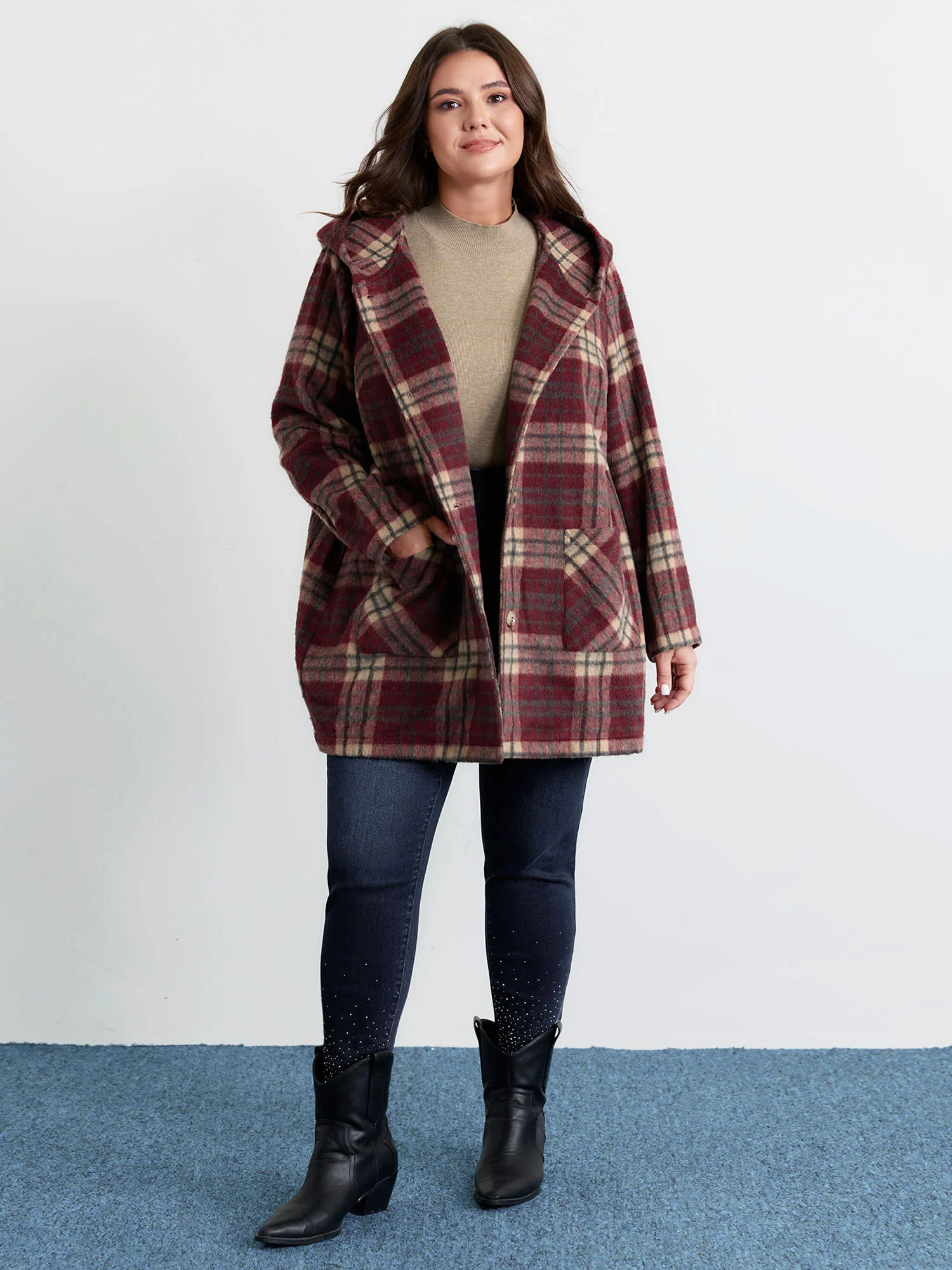Plaid Fleece Hooded Button Coat - Image 3