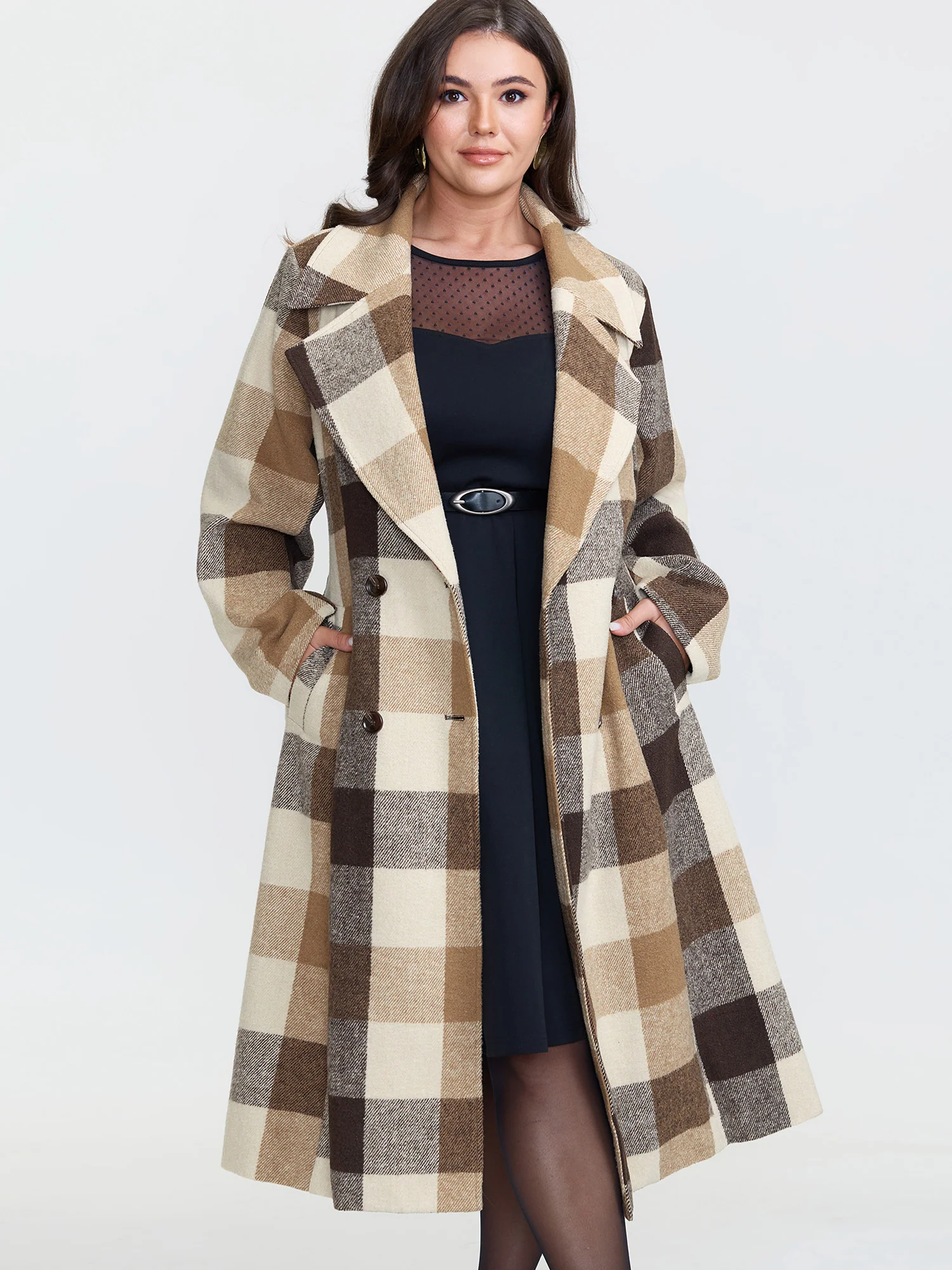 Plaid Lapel Double Breasted Belted Waist Coat - Image 3