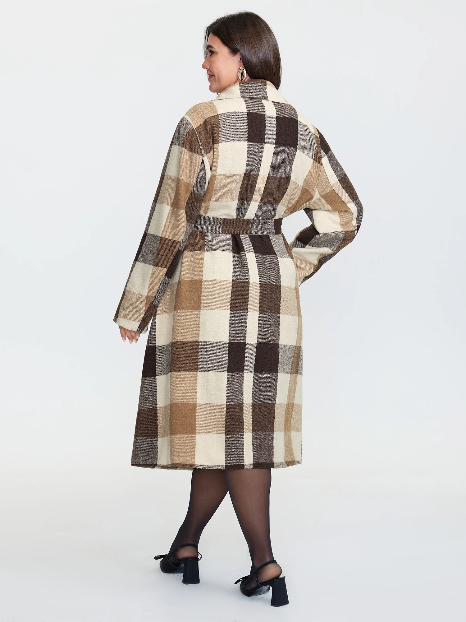 Plaid Lapel Double Breasted Belted Waist Coat - Image 4