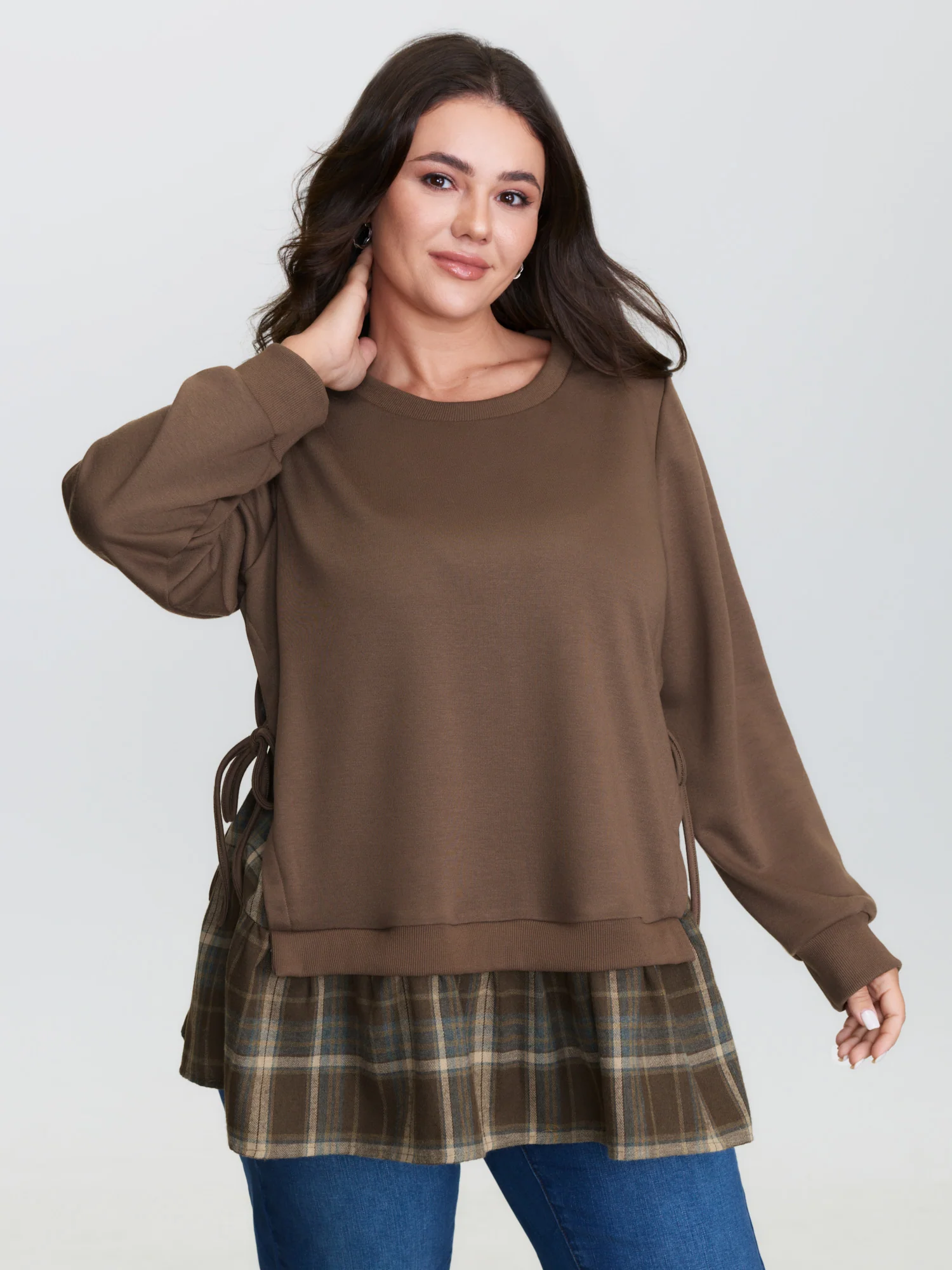 Plaid Pattern Layered Stretchy Sweatshirt - Image 13