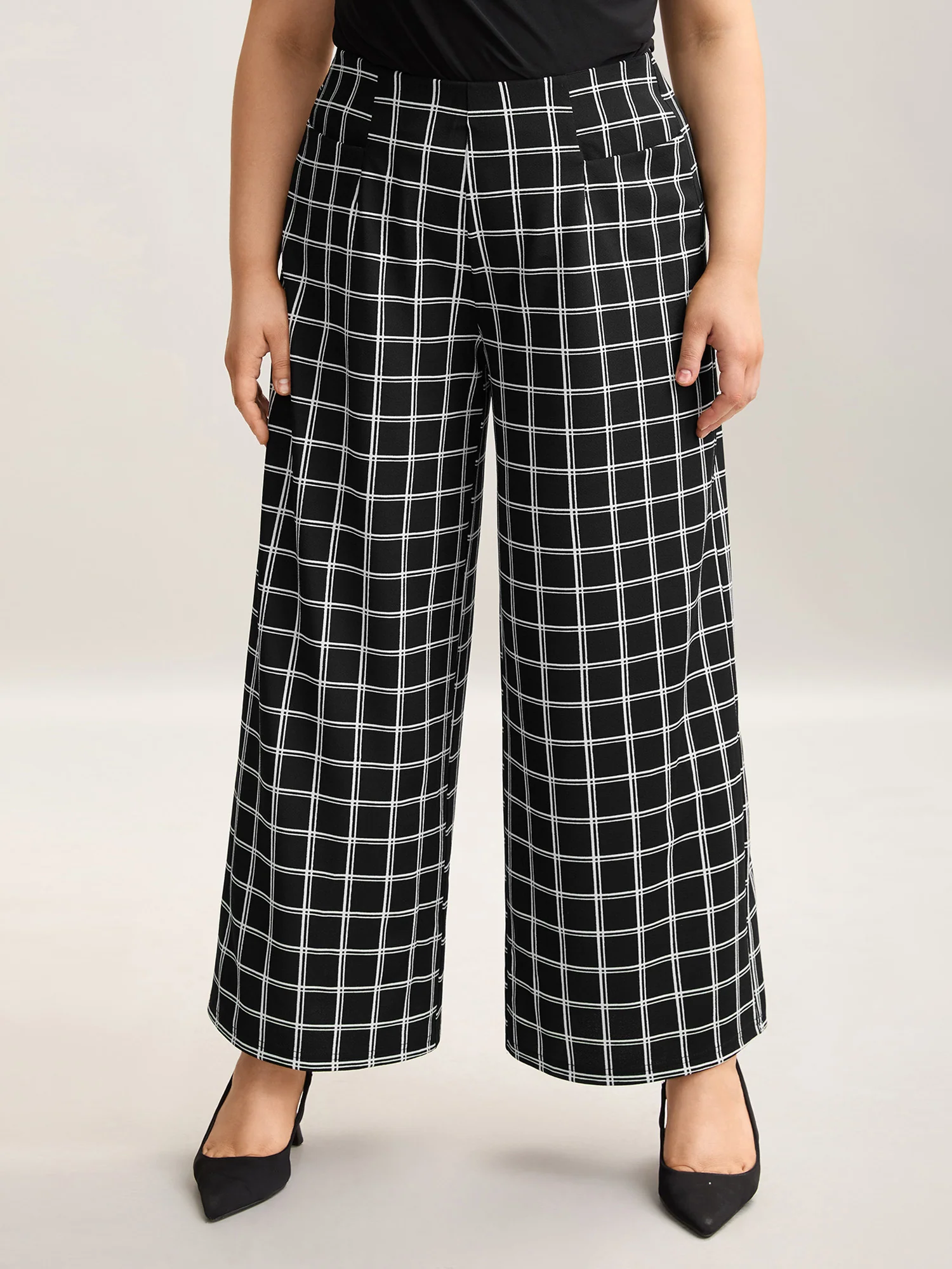 Plaid Pattern Stretchy Waist Wide-Leg Pants - Image 5