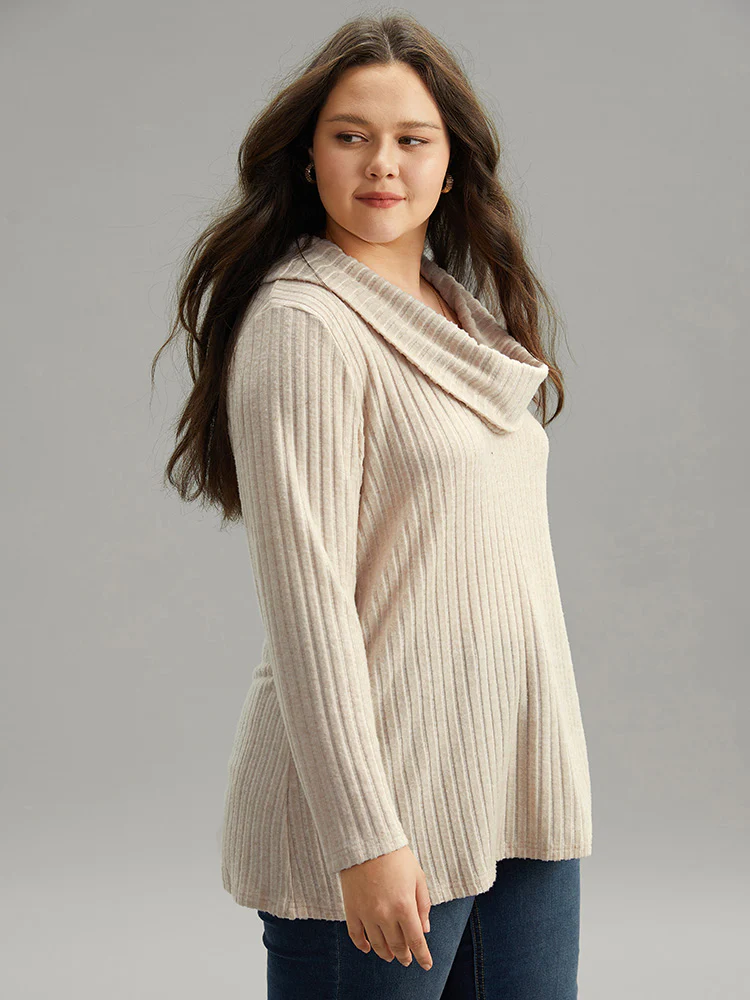 Plain Rib Knit Cowl Neck T-Shirt - Image 3