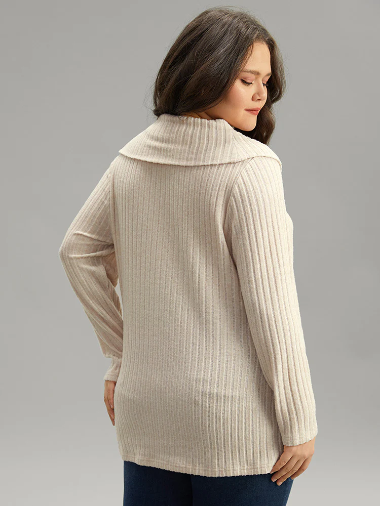 Plain Rib Knit Cowl Neck T-Shirt - Image 4