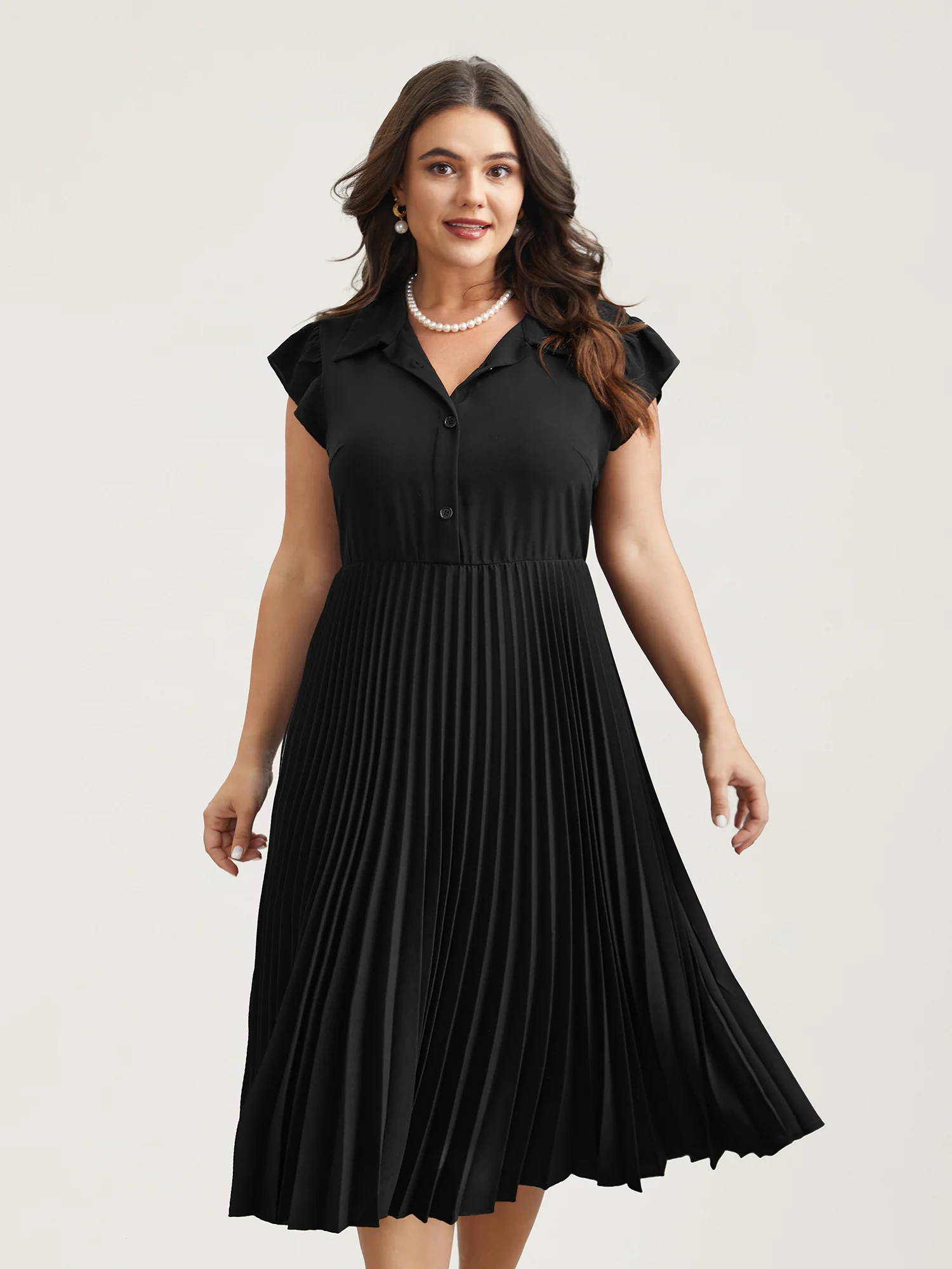 Pleated Shirt Collar Solid Midi Dress