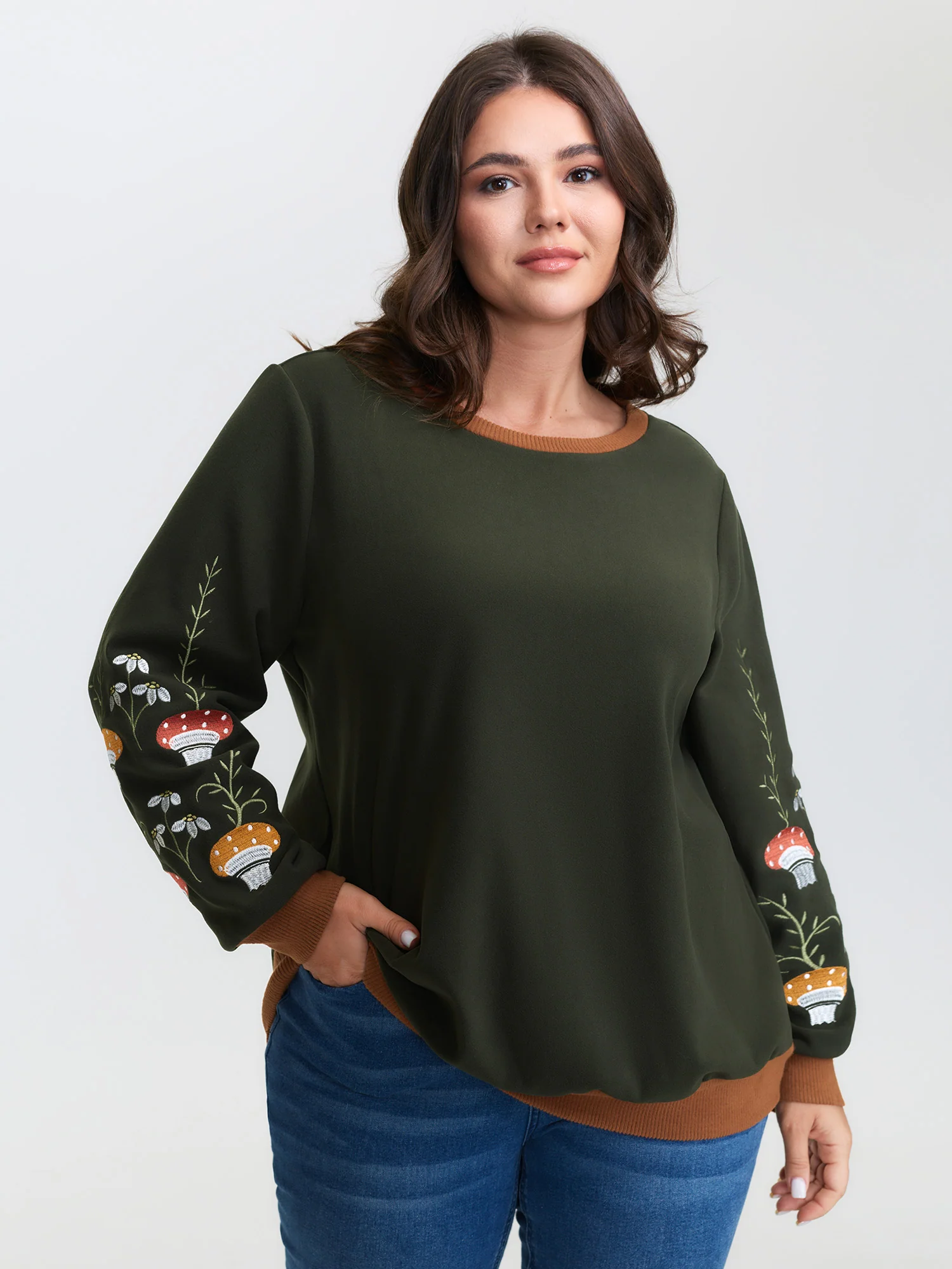 Plush Mushroom Embroidered Sleeve Sweatshirt
