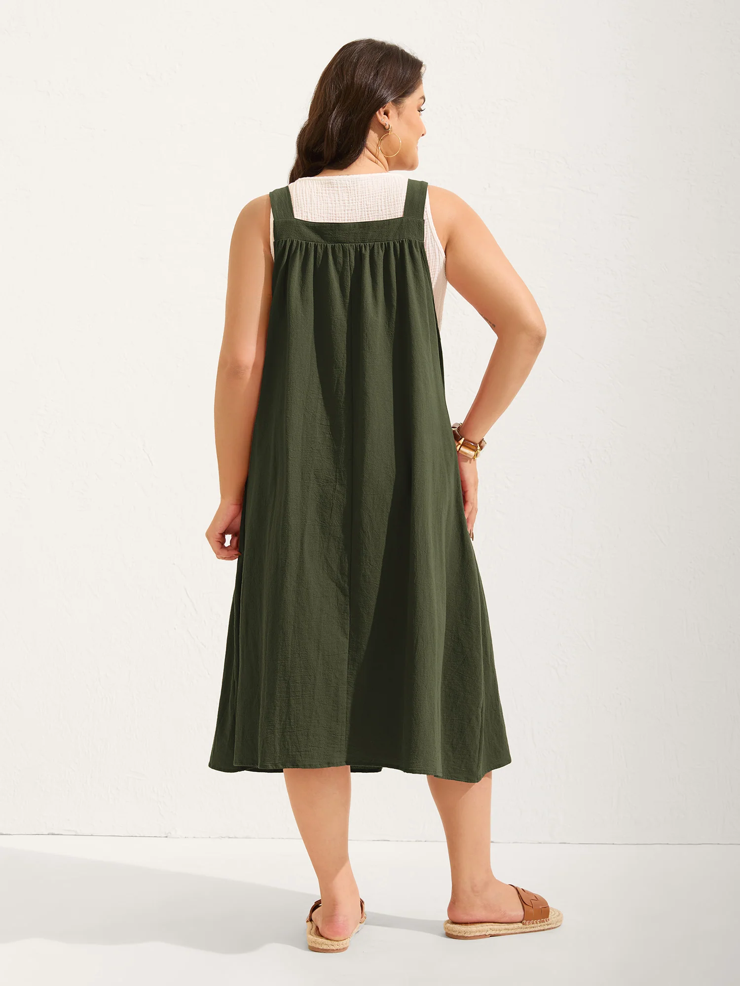 Pure Cotton Pleated Pockets Midi Dress - Image 12