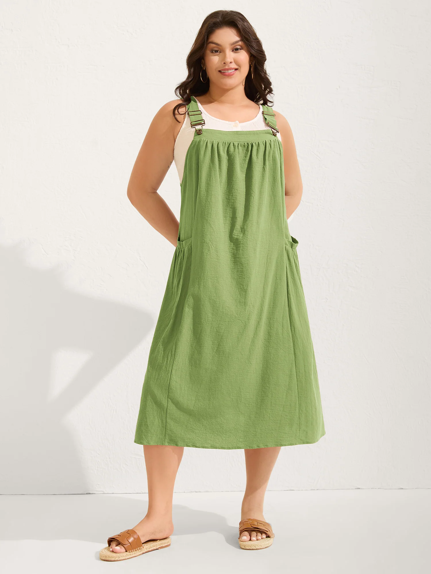 Pure Cotton Pleated Pockets Midi Dress - Image 19