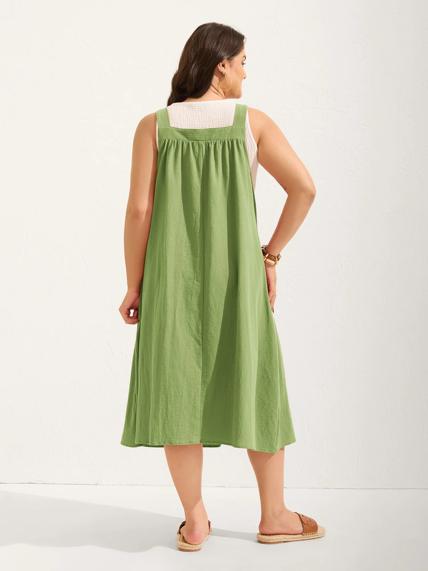 Pure Cotton Pleated Pockets Midi Dress - Image 20