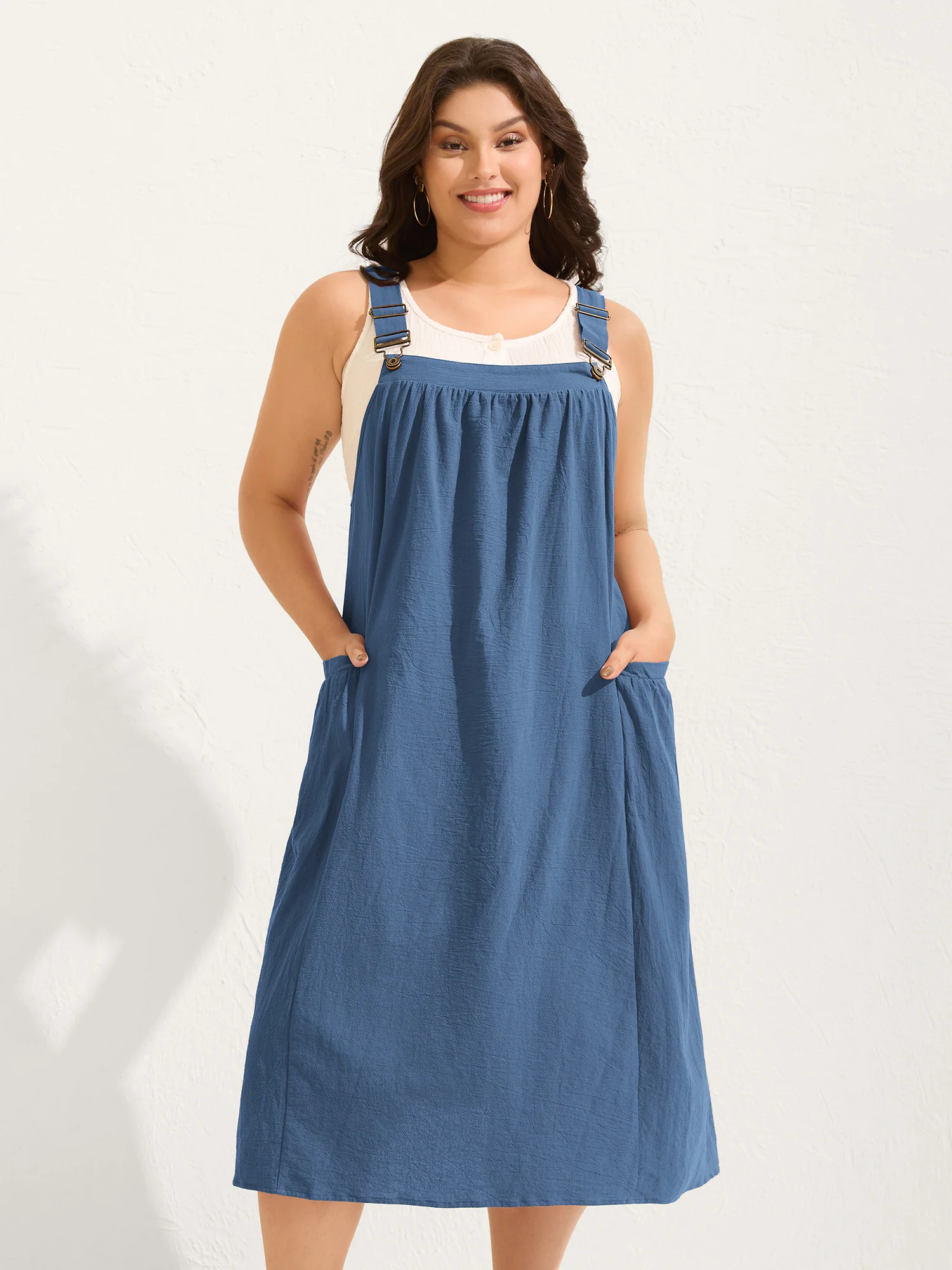 Pure Cotton Pleated Pockets Midi Dress - Image 25