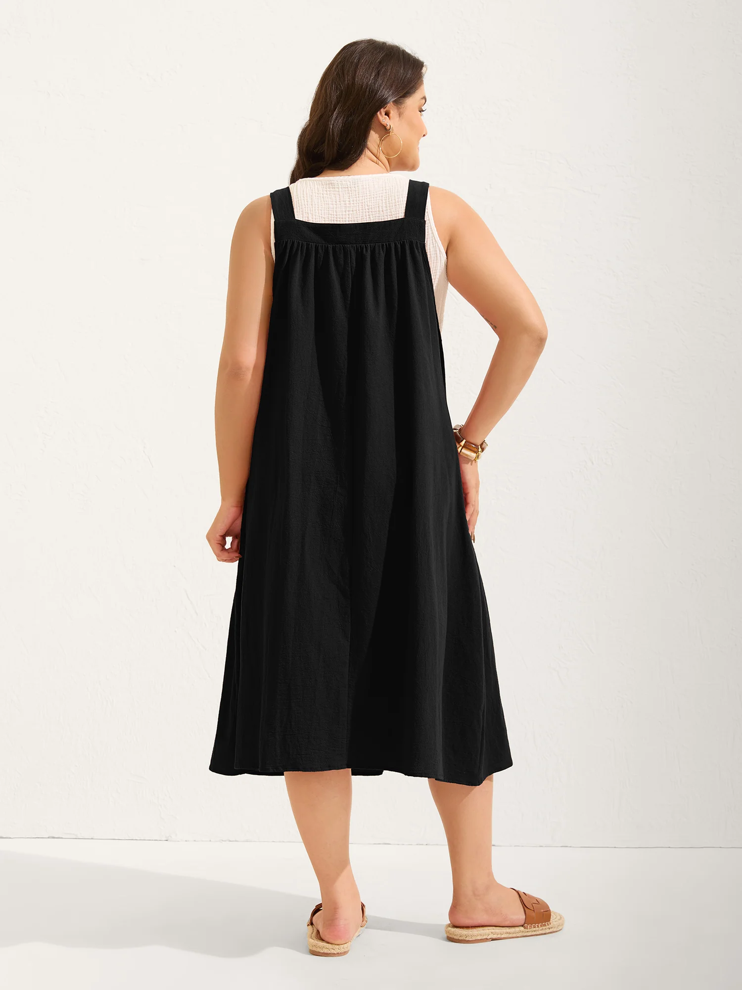 Pure Cotton Pleated Pockets Midi Dress - Image 4