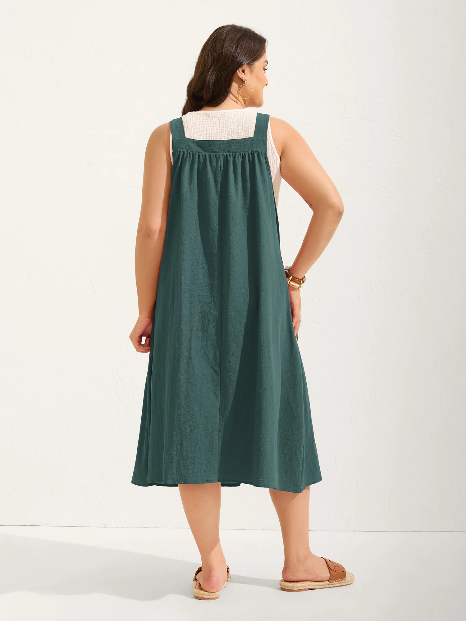 Pure Cotton Pleated Pockets Midi Dress - Image 8