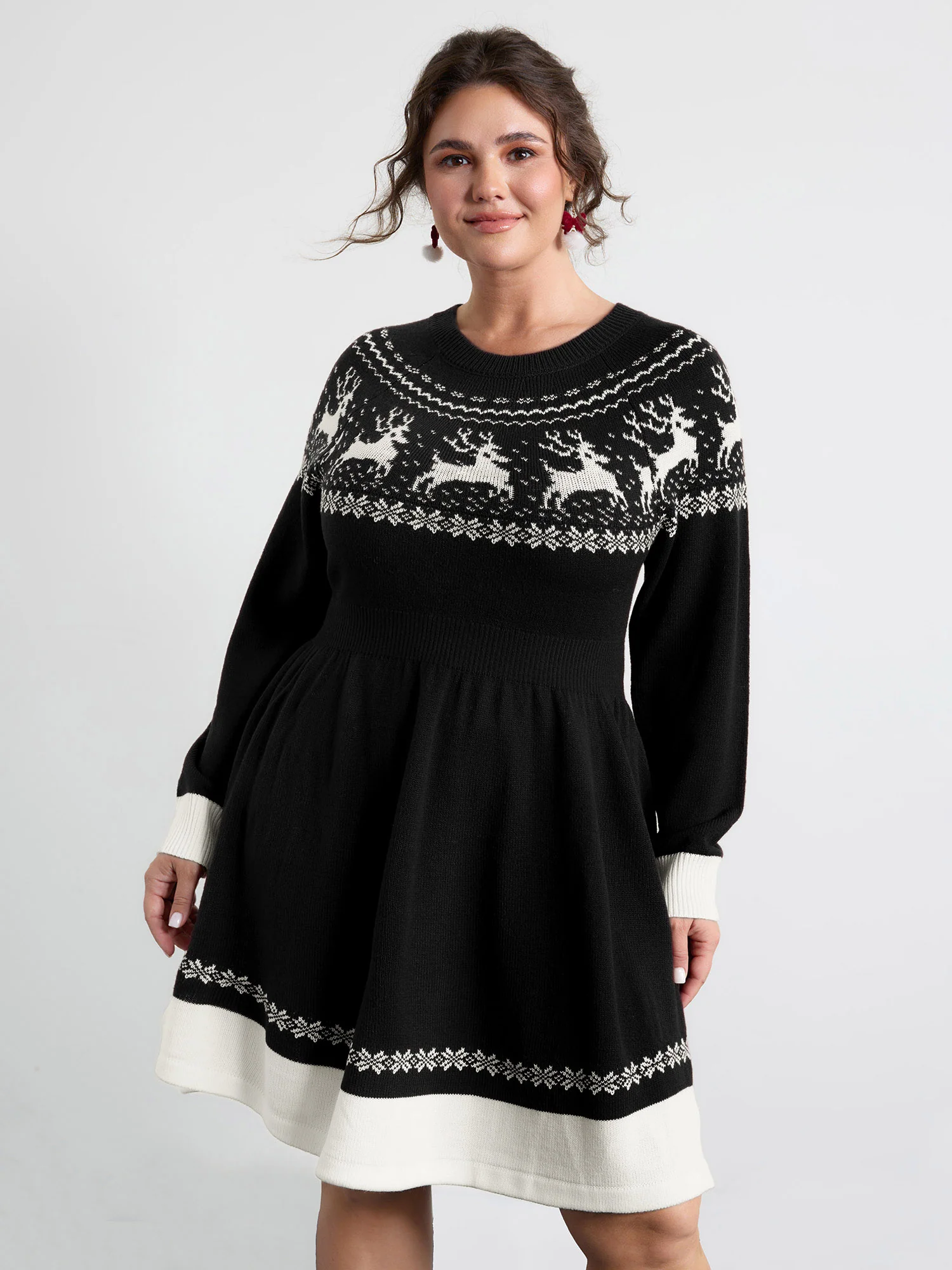 Reindeer Print Cinched-Waist Sweater Mini Dress