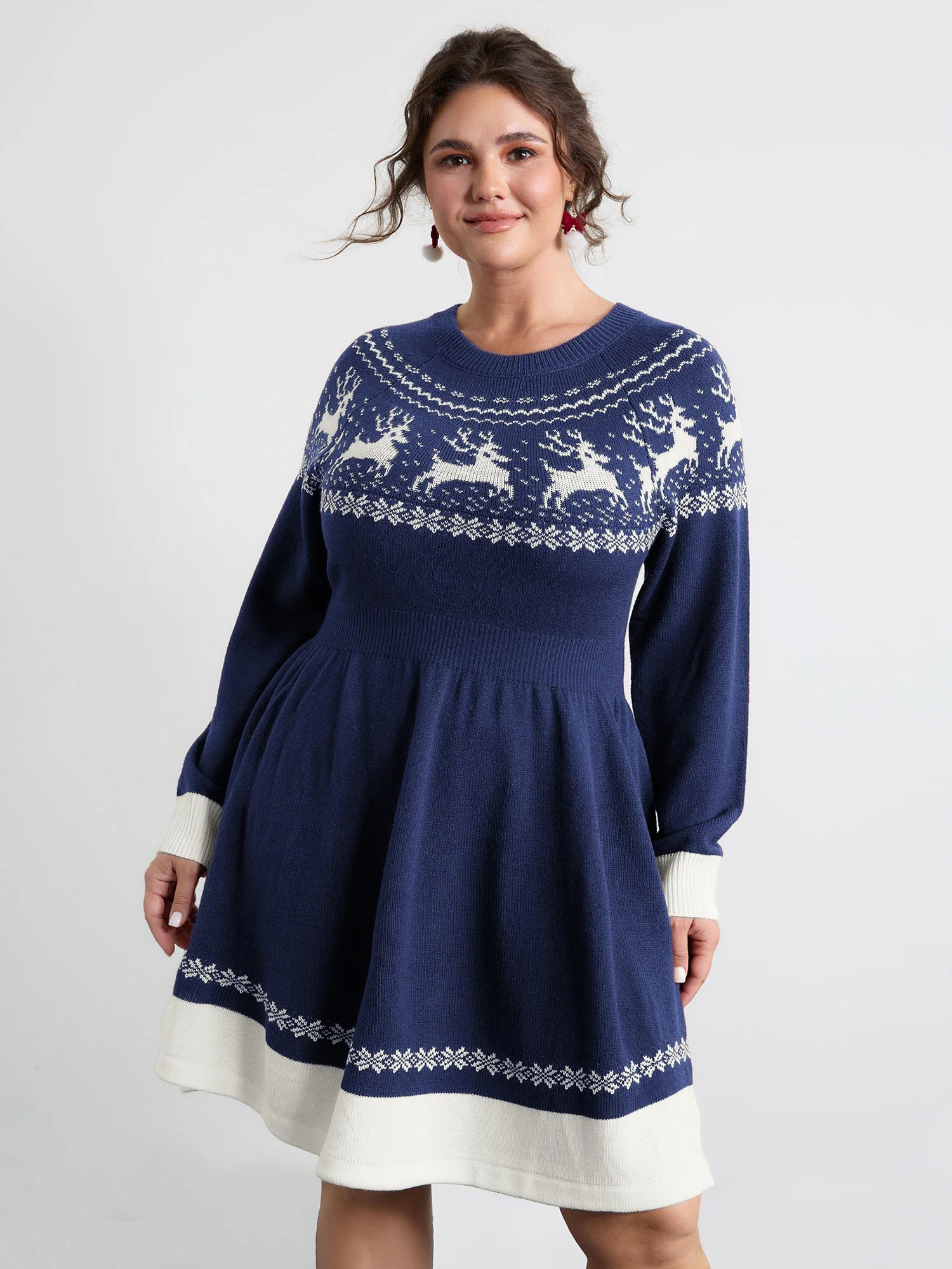 Reindeer Print Cinched-Waist Sweater Mini Dress - Image 13