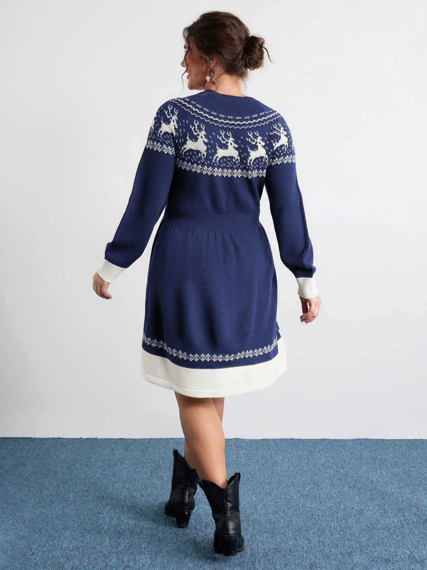 Reindeer Print Cinched-Waist Sweater Mini Dress - Image 16