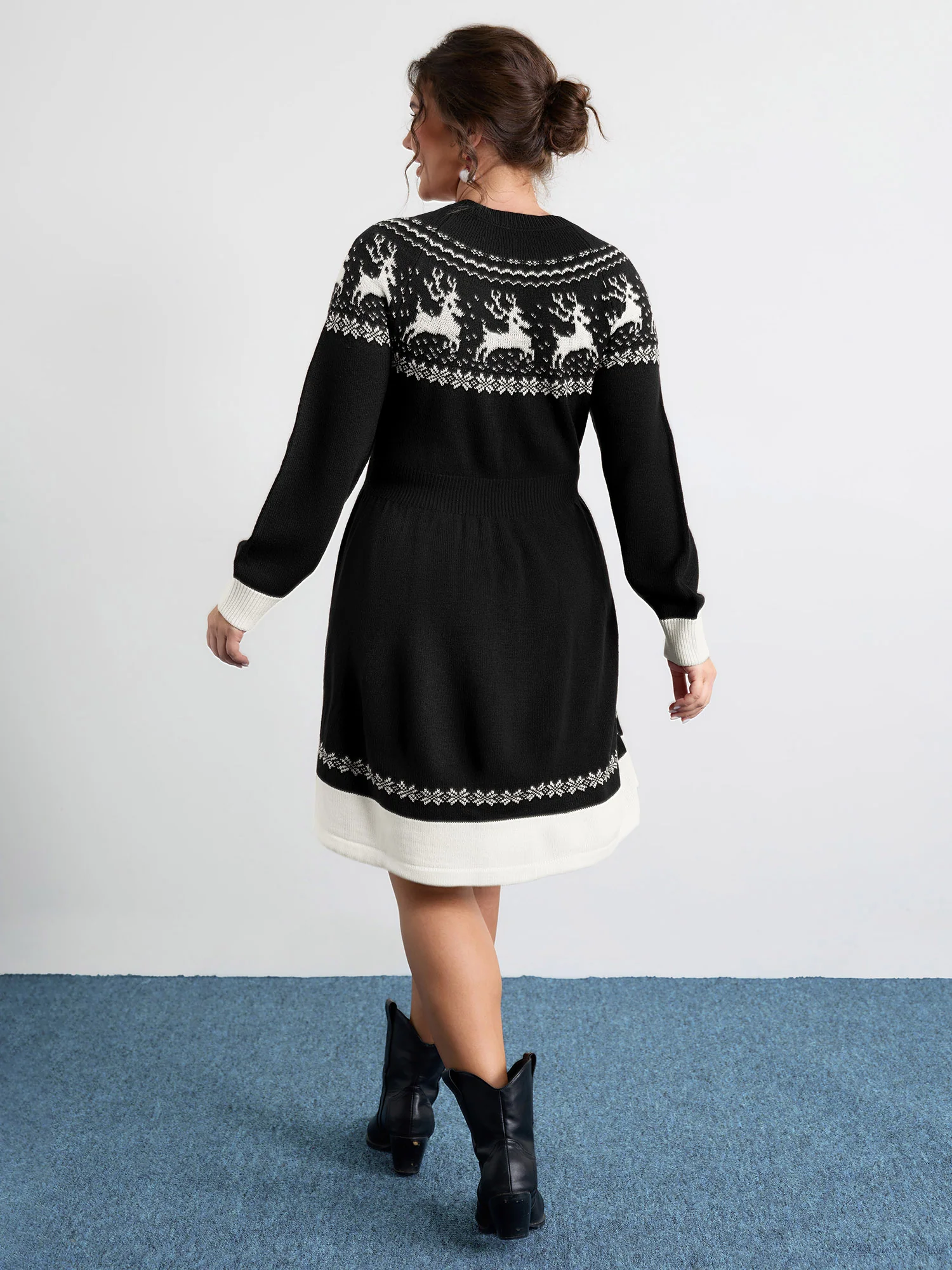 Reindeer Print Cinched-Waist Sweater Mini Dress - Image 4