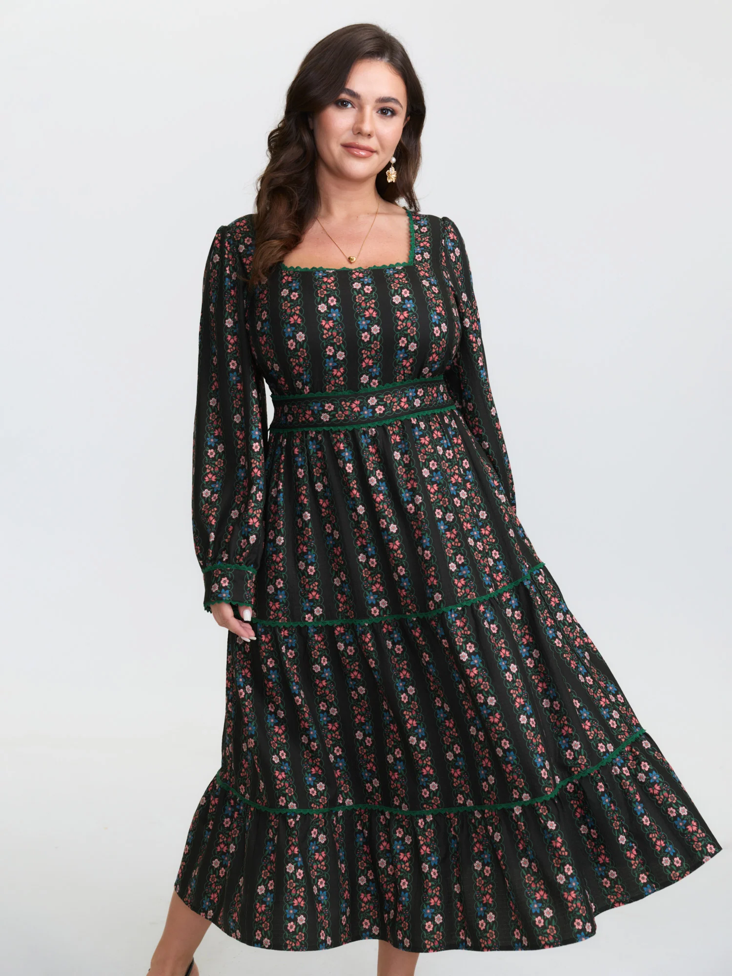 Retro Floral Stripe Tiered Midi Dress