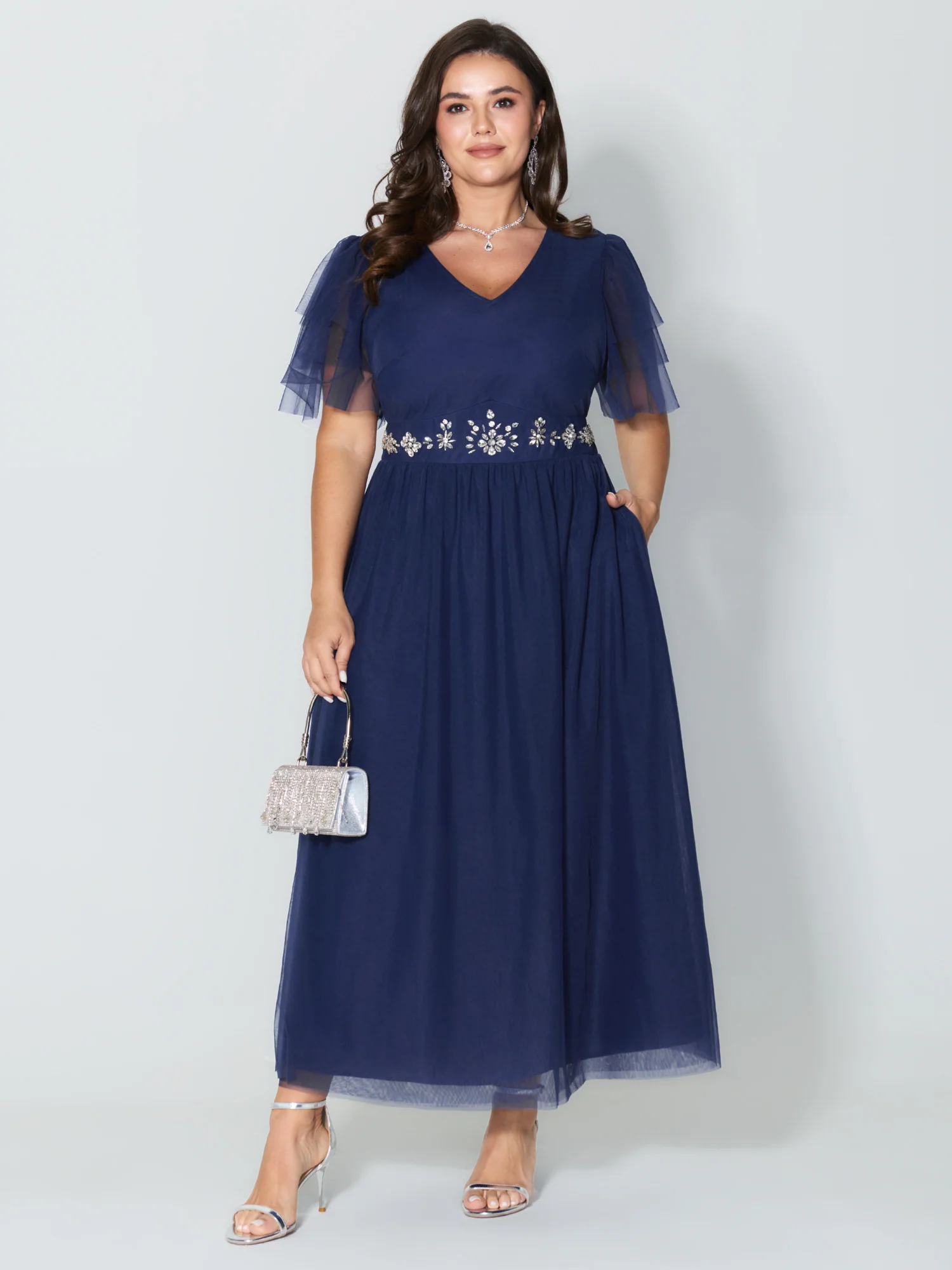 Rhinestone Triangular Mesh Cinched-Waist Maxi Dress
