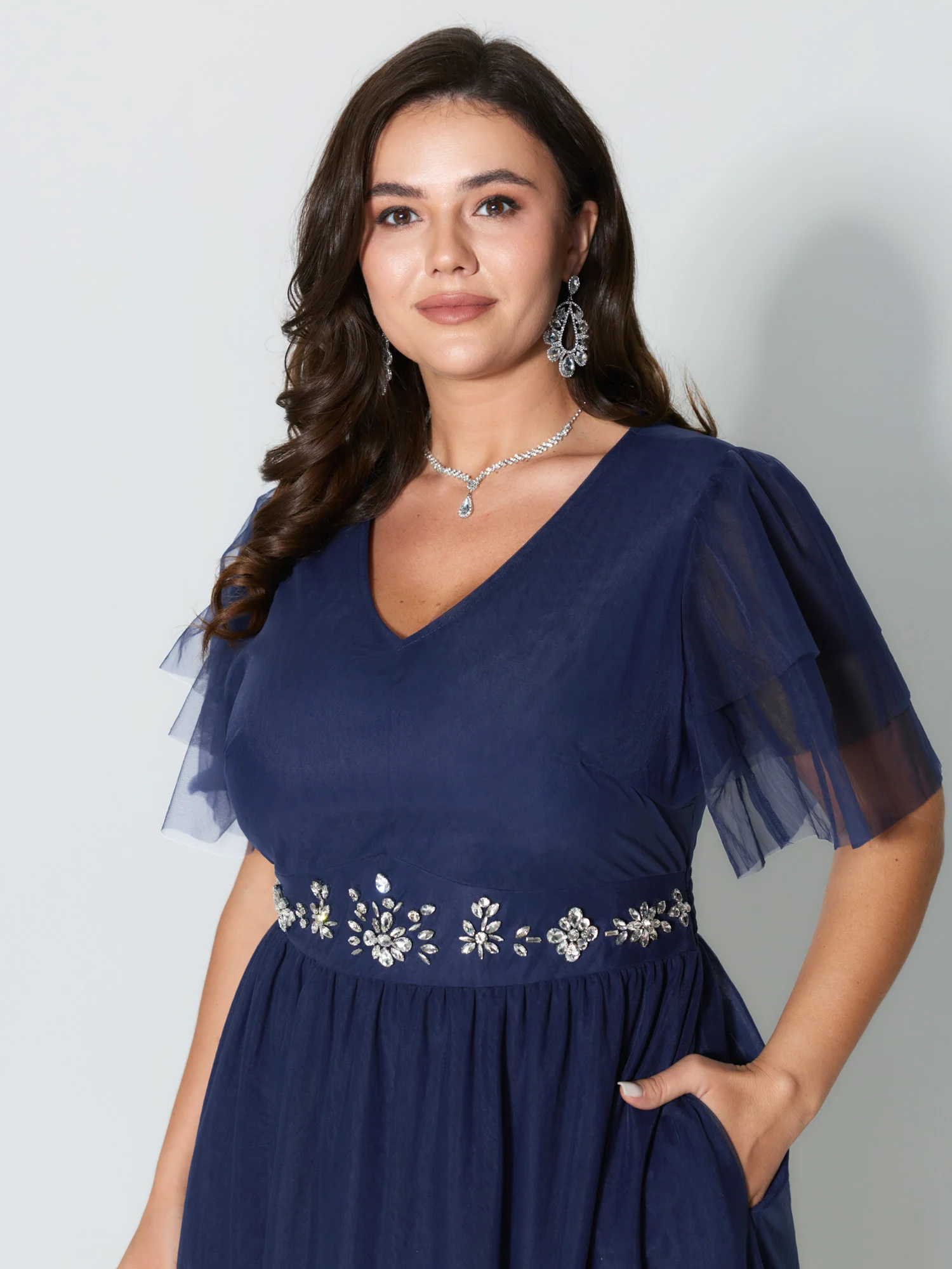 Rhinestone Triangular Mesh Cinched-Waist Maxi Dress - Image 2