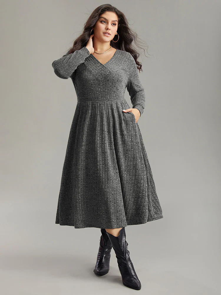 Rib Knit Plain Plisse Long Sleeve Dress - Image 11