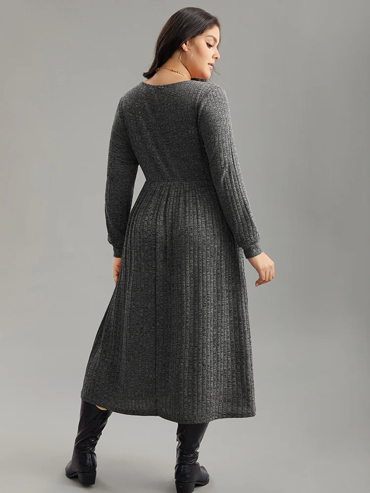 Rib Knit Plain Plisse Long Sleeve Dress - Image 15