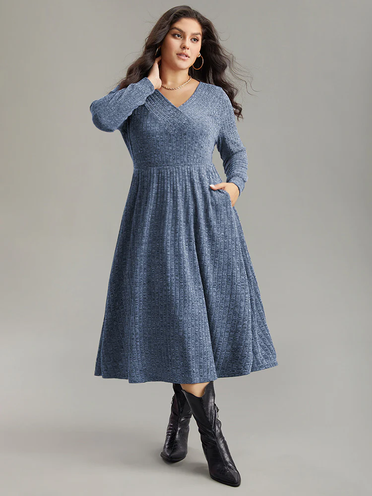 Rib Knit Plain Plisse Long Sleeve Dress - Image 18