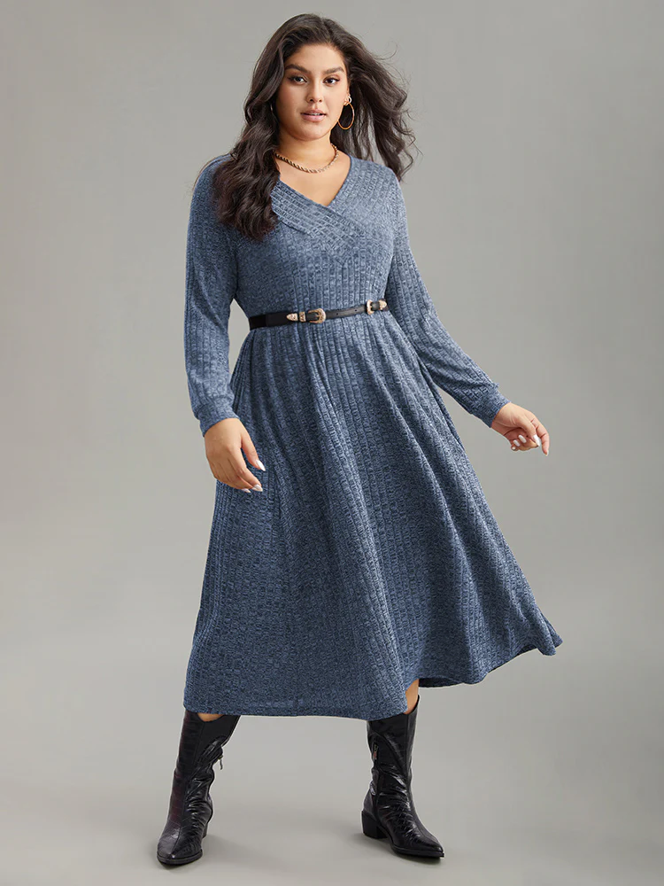 Rib Knit Plain Plisse Long Sleeve Dress - Image 19