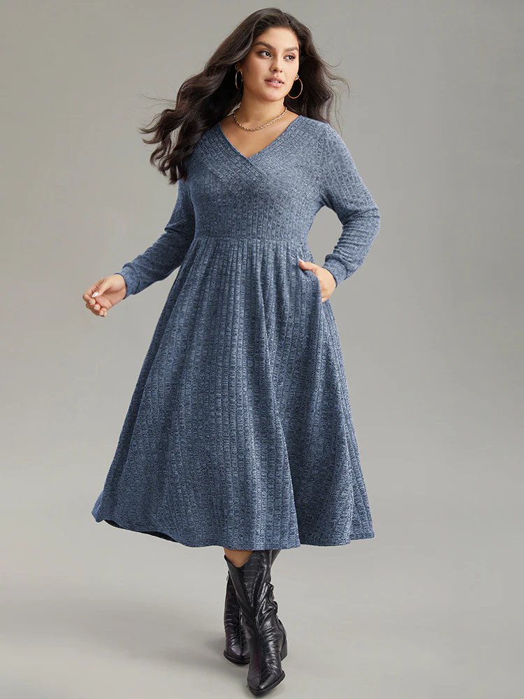 Rib Knit Plain Plisse Long Sleeve Dress - Image 20