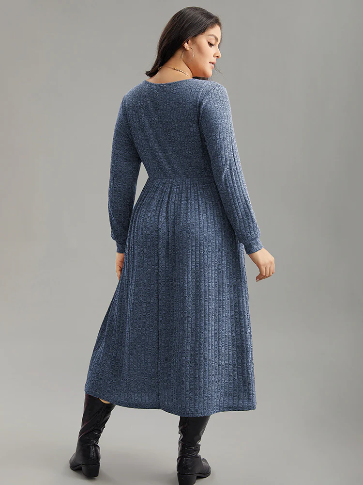 Rib Knit Plain Plisse Long Sleeve Dress - Image 21