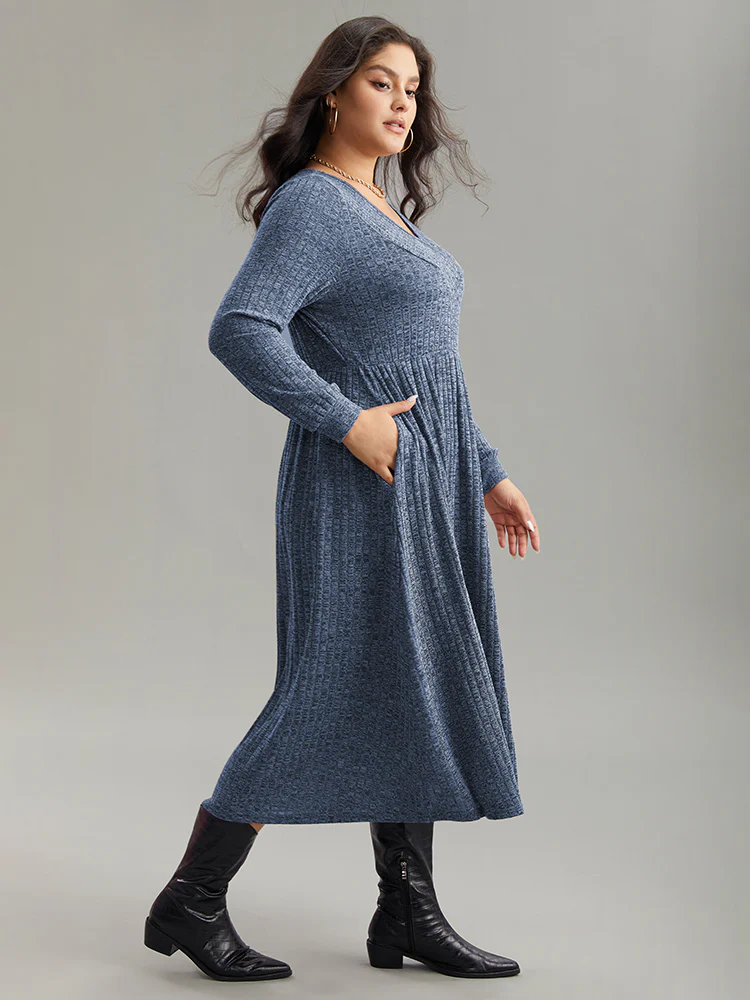 Rib Knit Plain Plisse Long Sleeve Dress - Image 22