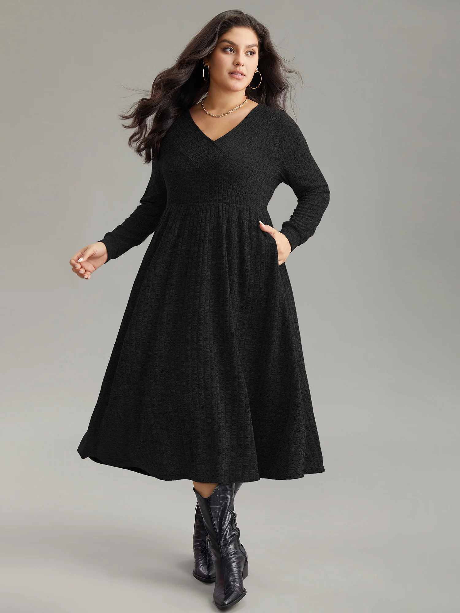 Rib Knit Plain Plisse Long Sleeve Dress - Image 6