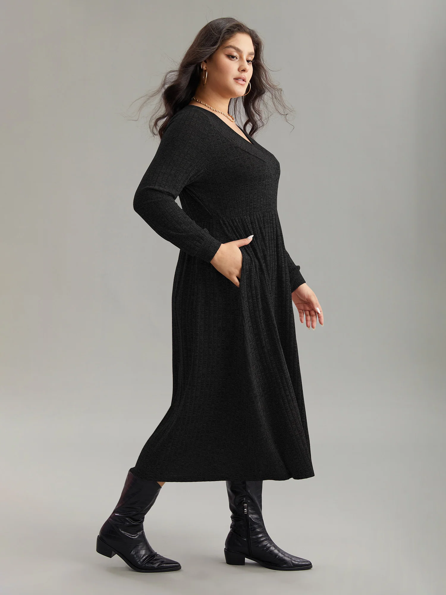Rib Knit Plain Plisse Long Sleeve Dress - Image 8