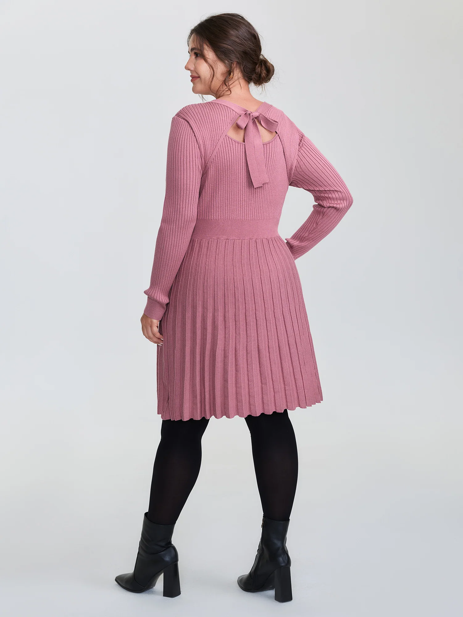 Ribbed Cinched-Waist Bowtie Sweater Dress - Image 4