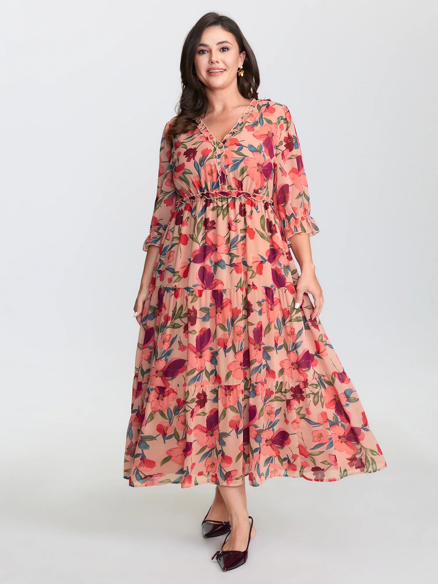 Romantic Floral Print Ruffled Edge Maxi Dress