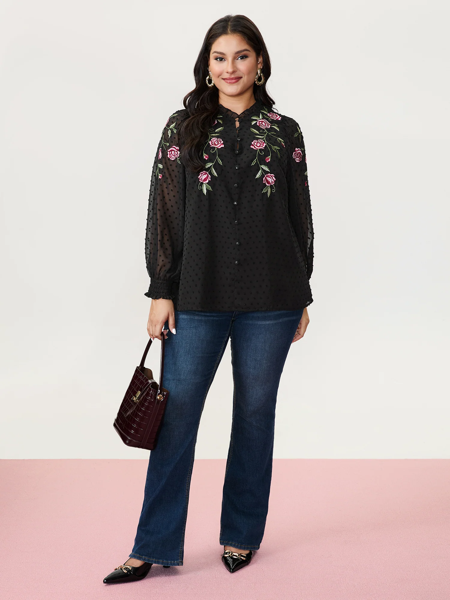 Rose Embroidered Textured Sheer Blouse - Image 2