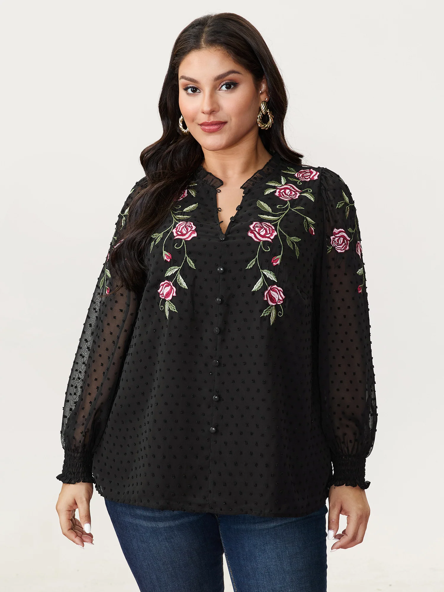 Rose Embroidered Textured Sheer Blouse - Image 3