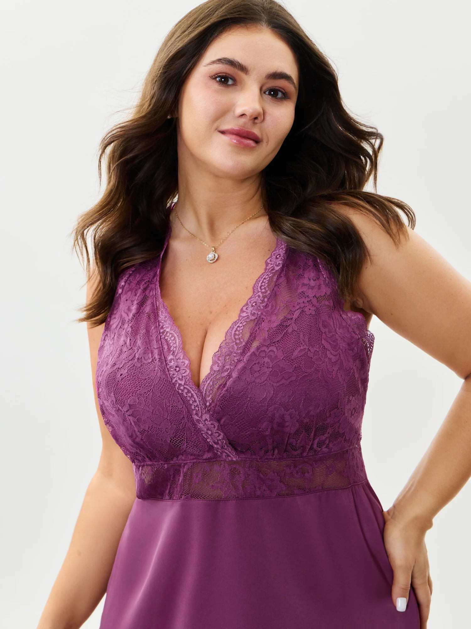 Satin Sheer Lace Surplice Neckline Nightgown - Image 3