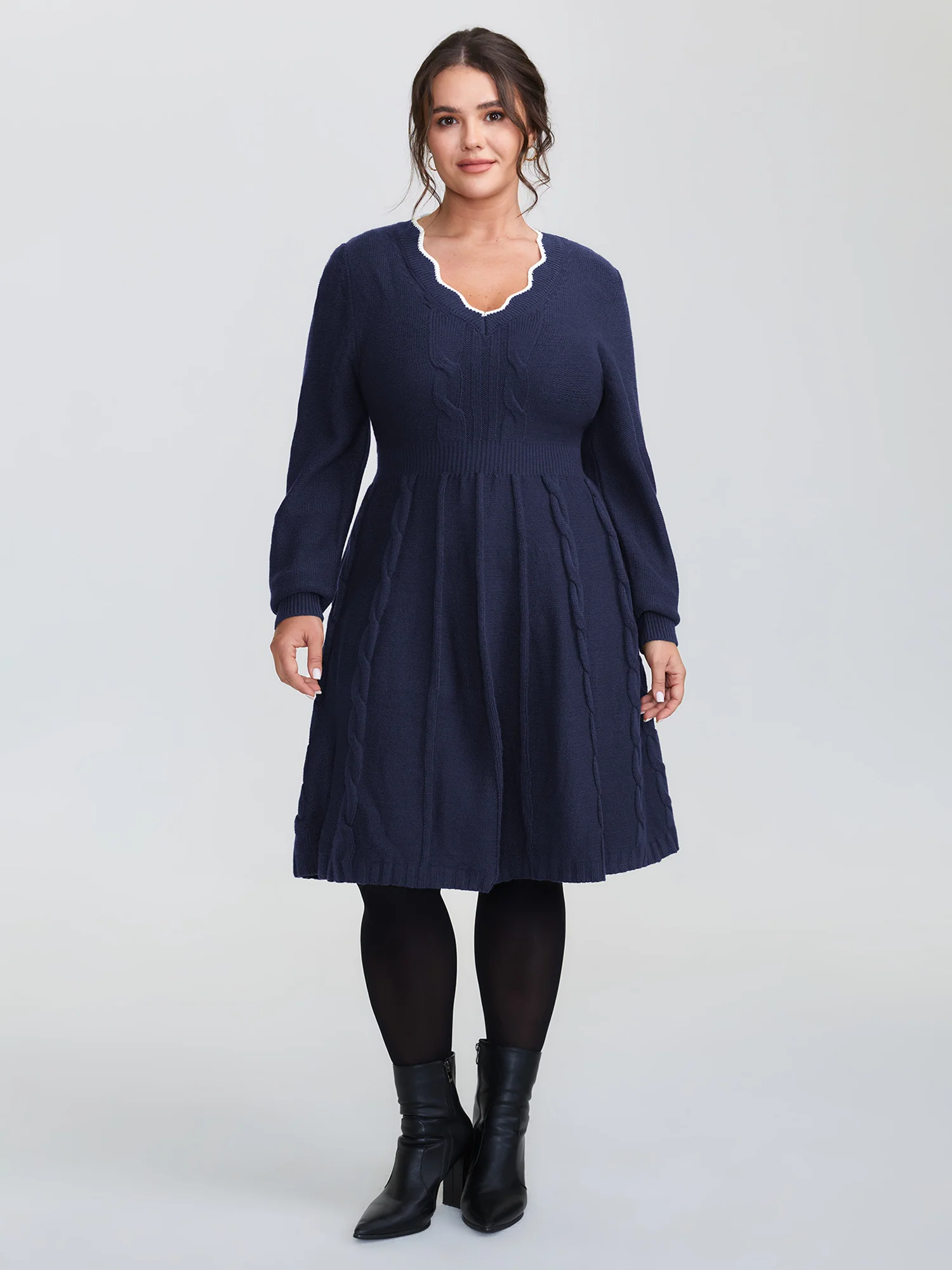 Scalloped V-Neck Fit and Flare Sweater Dress - Image 10
