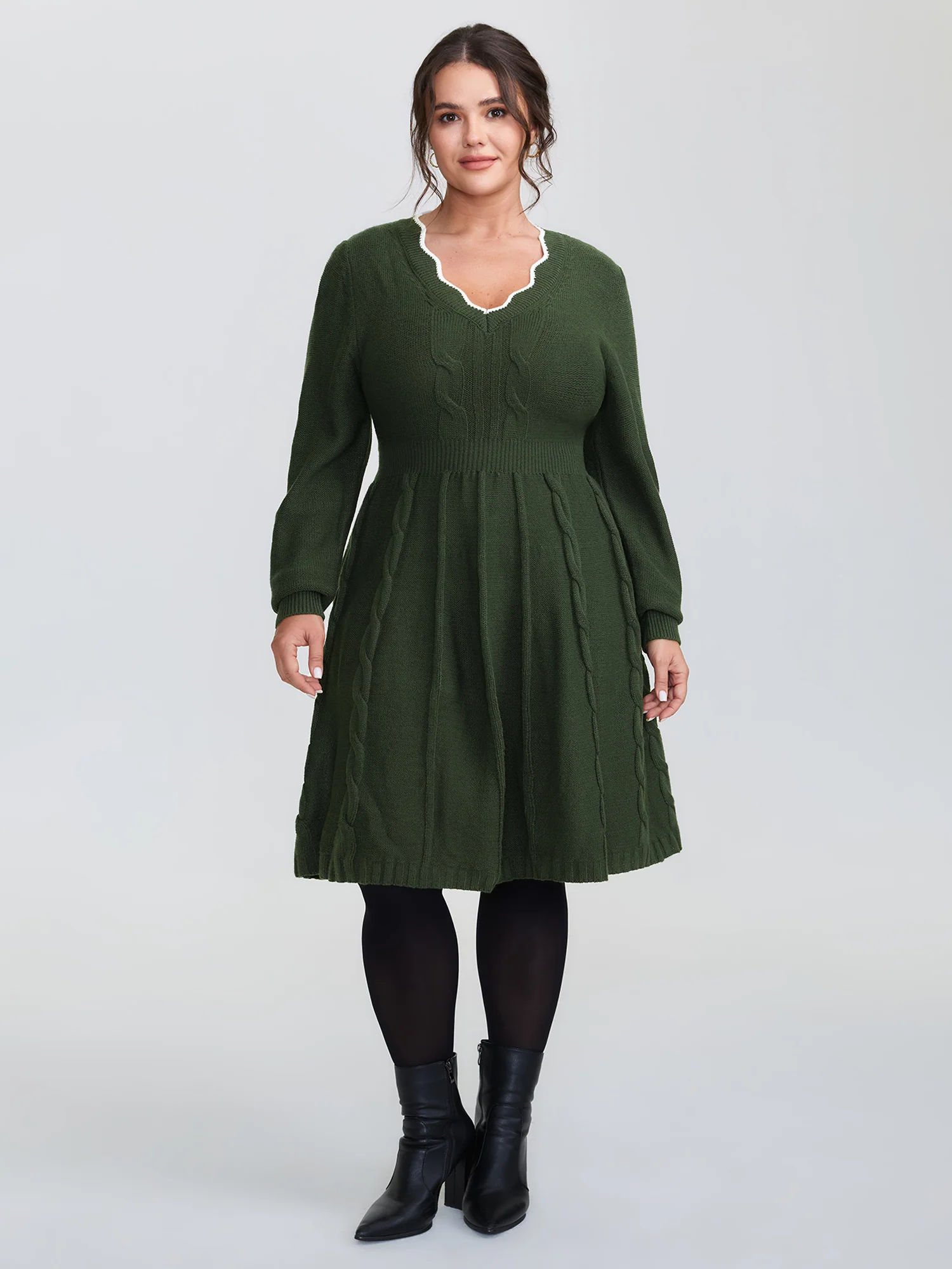 Scalloped V-Neck Fit and Flare Sweater Dress - Image 3