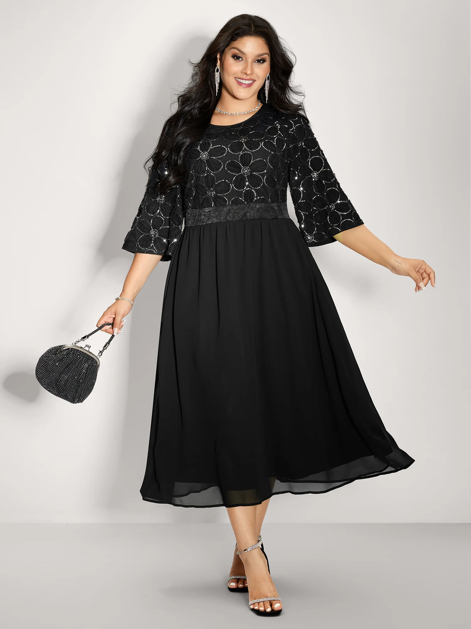 Sequin Floral Tulle Shirred Waist Midi Dress