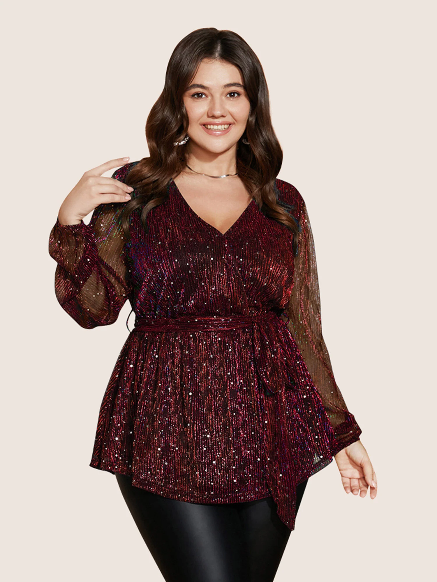 Sequin Mesh Lantern Sleeve Wrap Belted Striped Blouse - Image 15