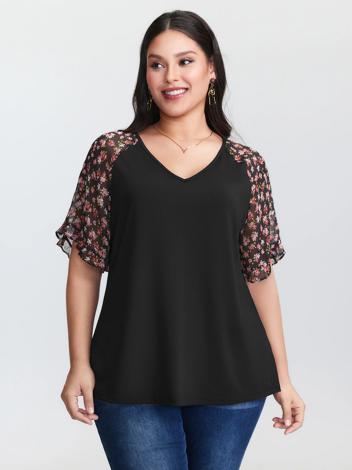 Sheer Floral Print Ruffled Cuff Sleeve Top